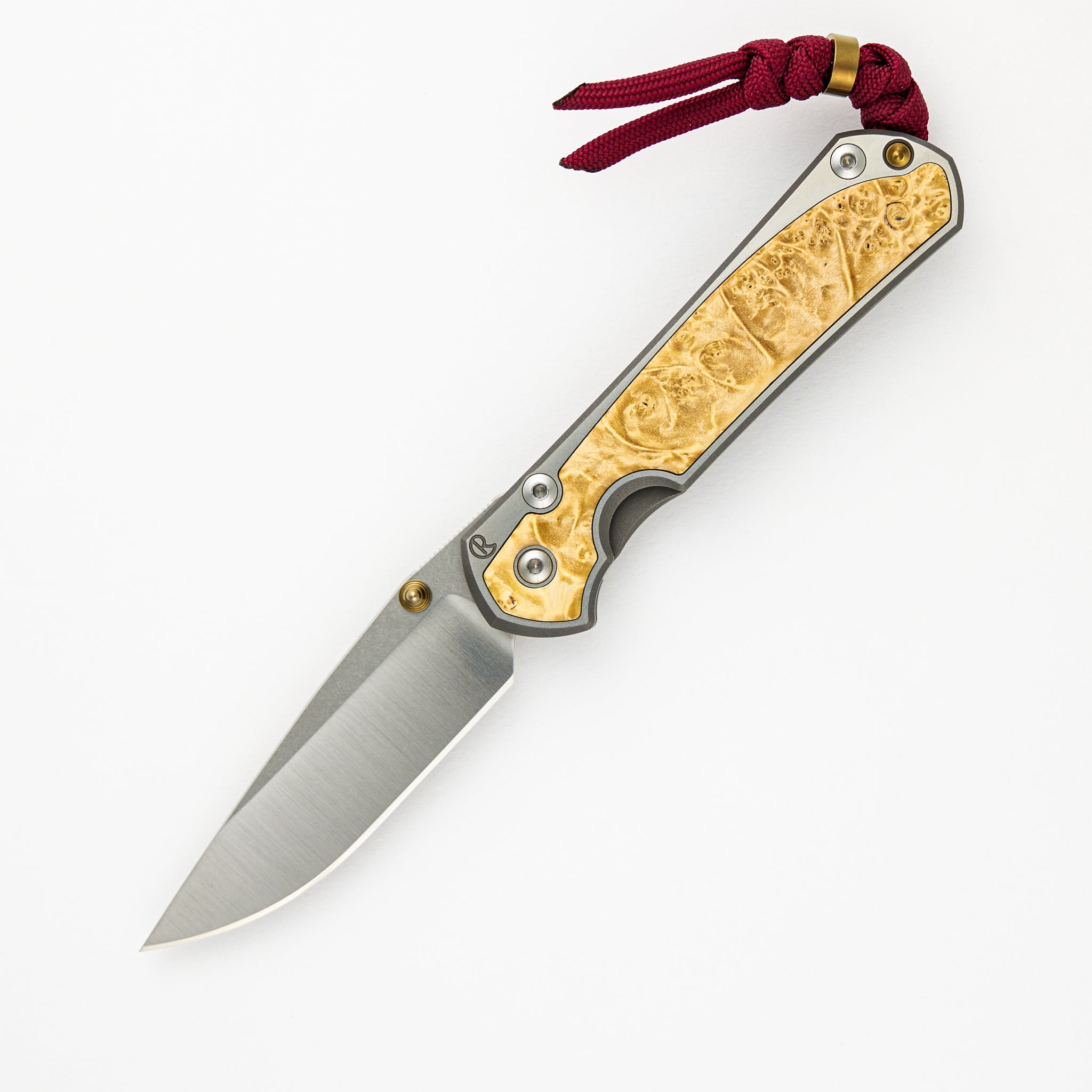 Small Sebenza 31 - Titanium Handle W/ Box Elder Inlays - Polished Drop Point CPM S45VN Blade - Gold Single Lug