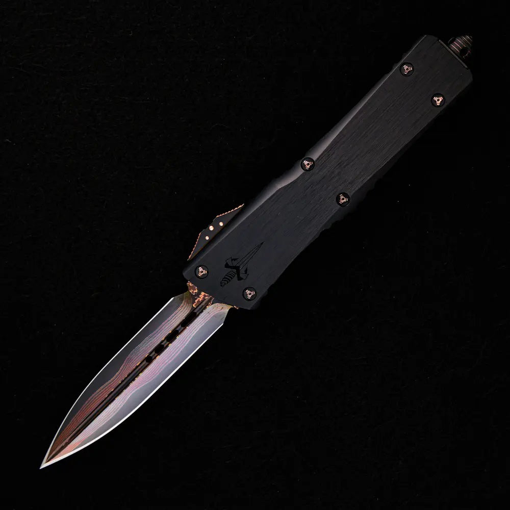 MARFIONE CUSTOM KNIVES COMBAT TROODON D/E HOT BLUED BAKER FORGE TIGER MAI HEFTED BLACK ALLOY W/ COPPER RINGED HARDWARE S/N 026