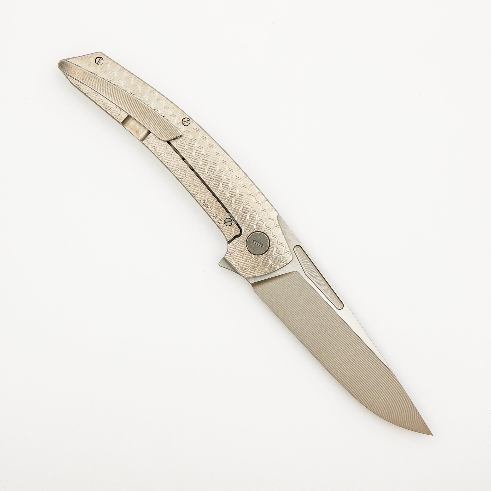 Model T Gen. 2 - Titanium Handle W/ Honeycomb Milling - RWL-34 Blade - Silver Accents