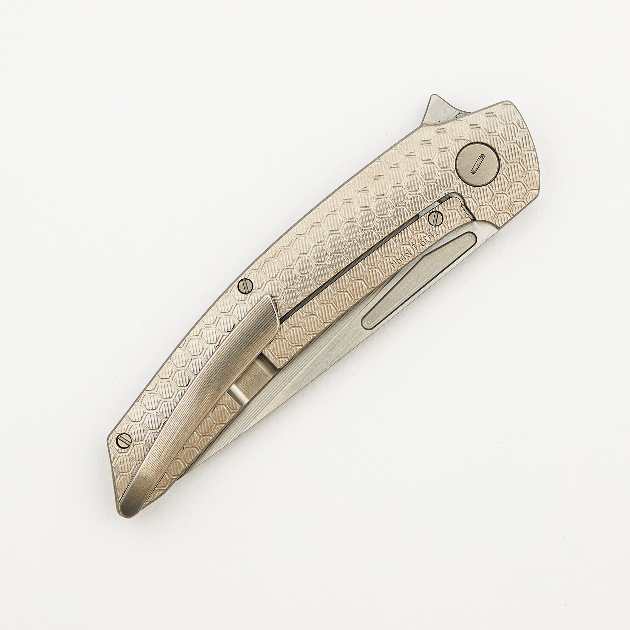 Model T Gen. 2 - Titanium Handle W/ Honeycomb Milling - RWL-34 Blade - Silver Accents