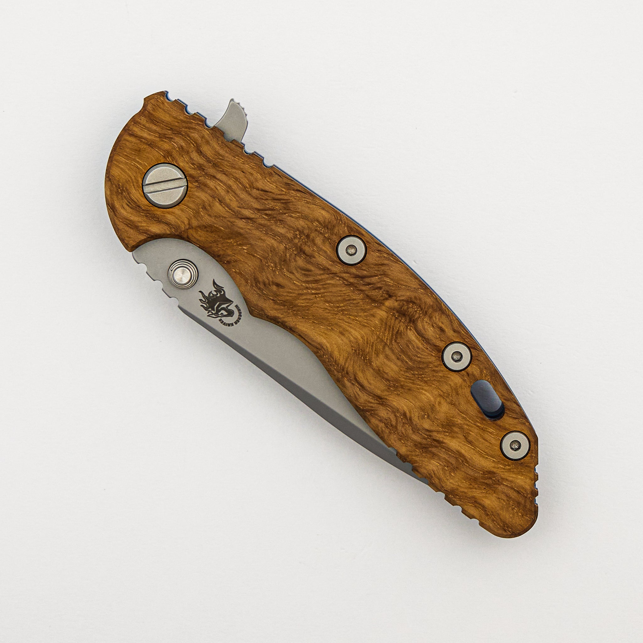 XM-18 3.5" - S45VN Spanto - Tri-Way - Bead Blast Blue - Curly White Oak - Bead Blast Hardware
