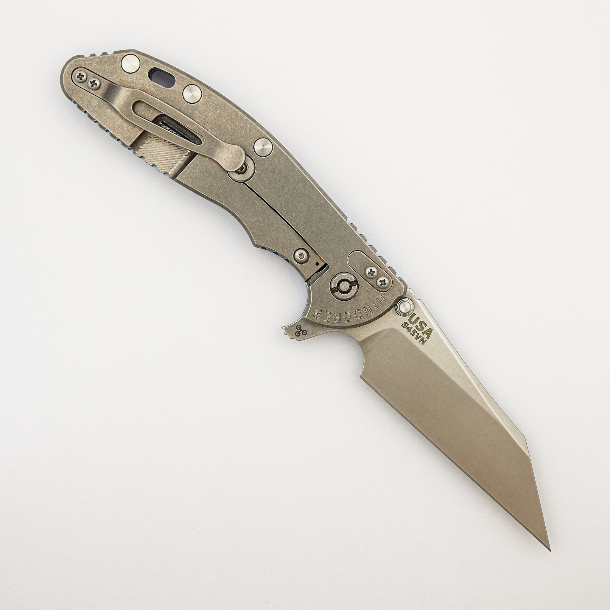 XM-24 - Wharncliffe S45VN Blade - Tri-Way - Stonewash - Blue Textured Titanium