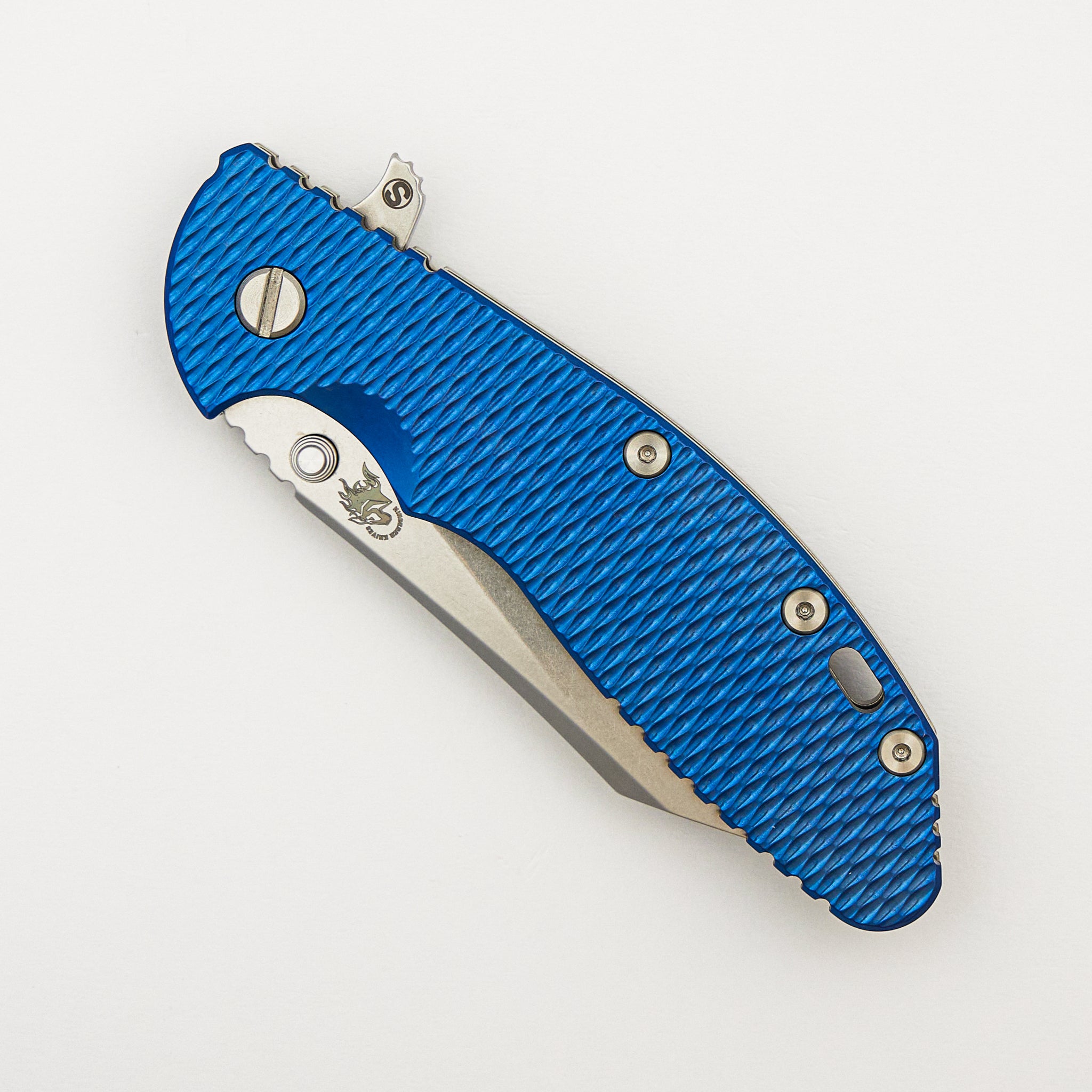 XM-24 - Wharncliffe S45VN Blade - Tri-Way - Stonewash - Blue Textured Titanium