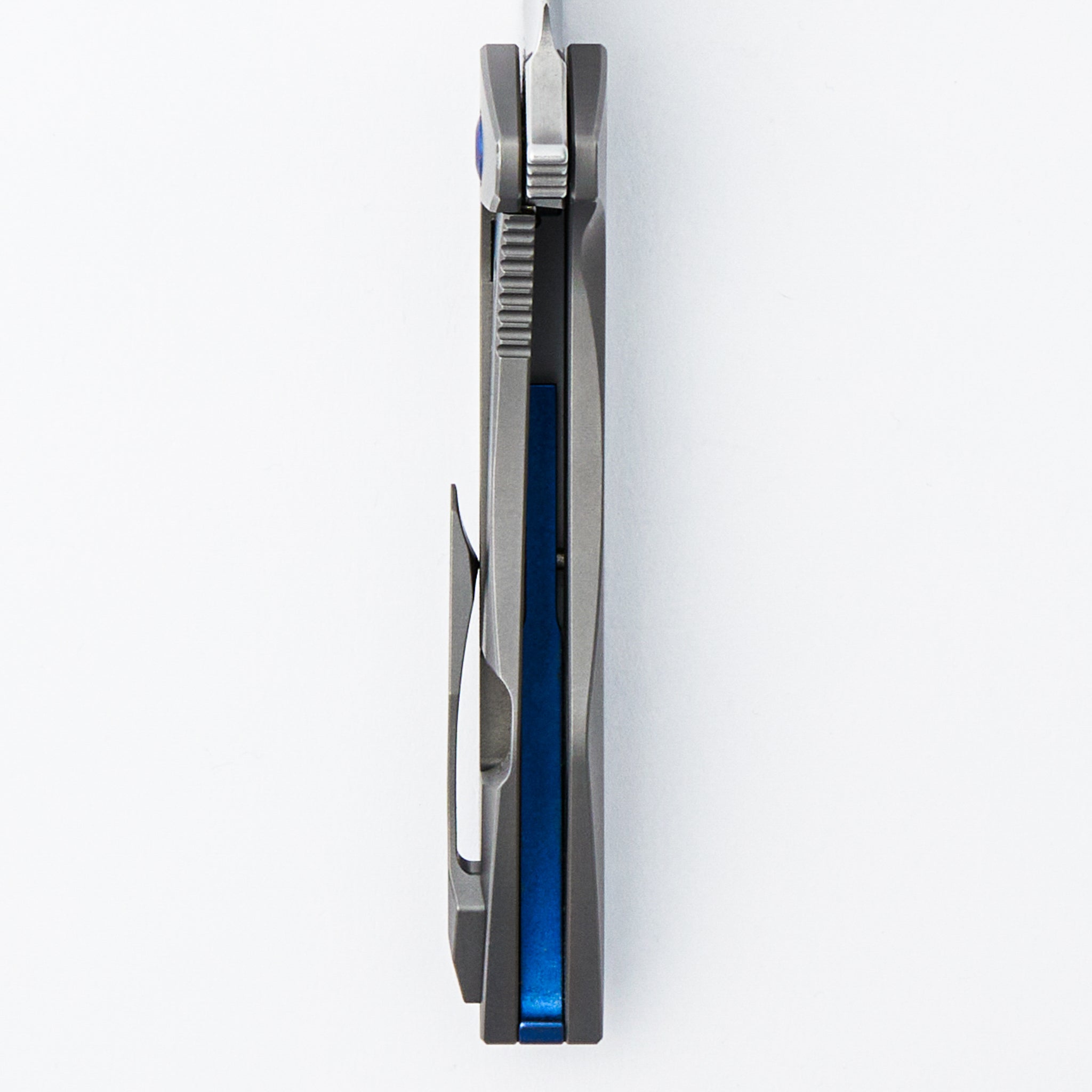 Mini Goblin - Smooth Titanium Handle - Blue Hardware - Burnished W/ Polished Flats M390 Blade