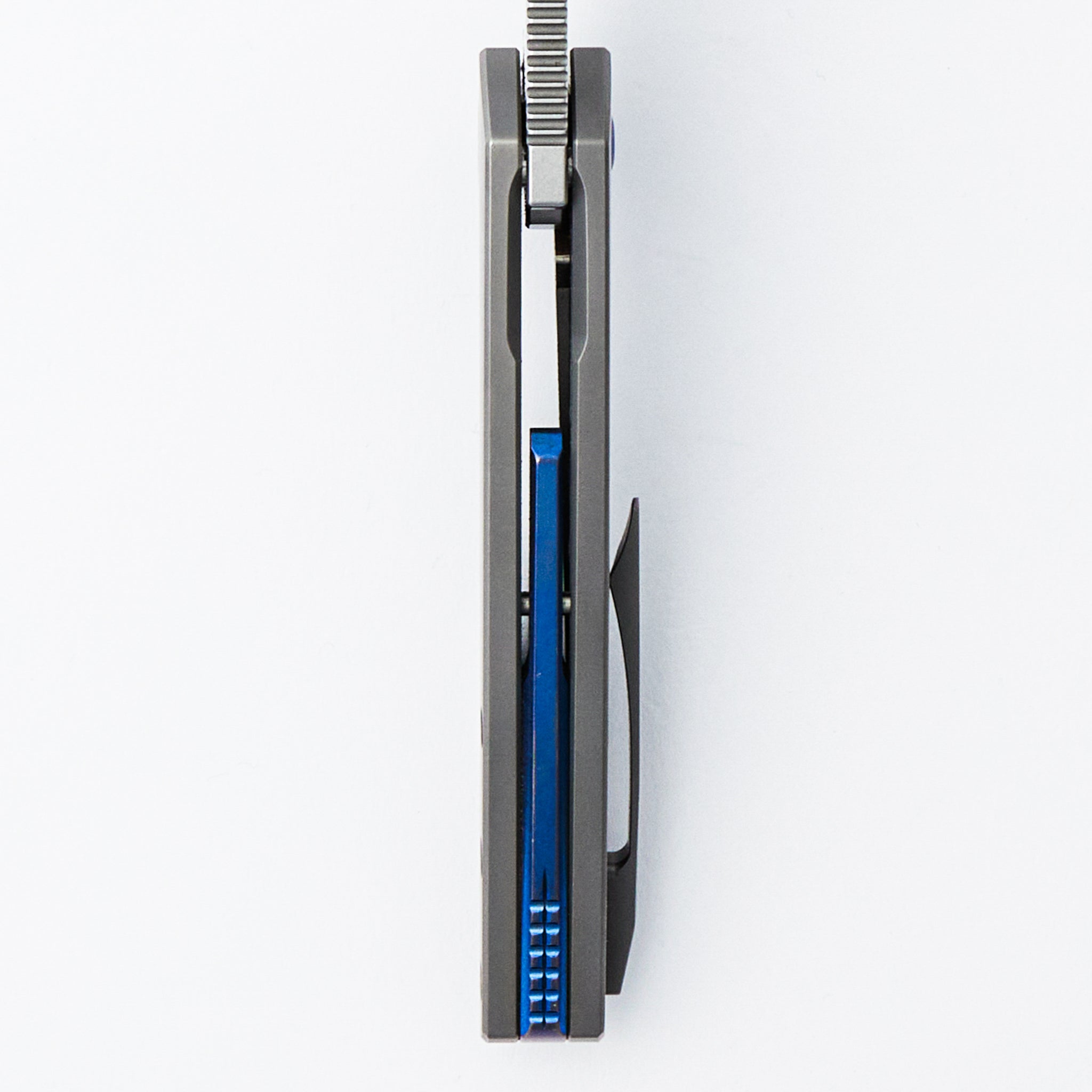Mini Goblin - Smooth Titanium Handle - Blue Hardware - Burnished W/ Polished Flats M390 Blade