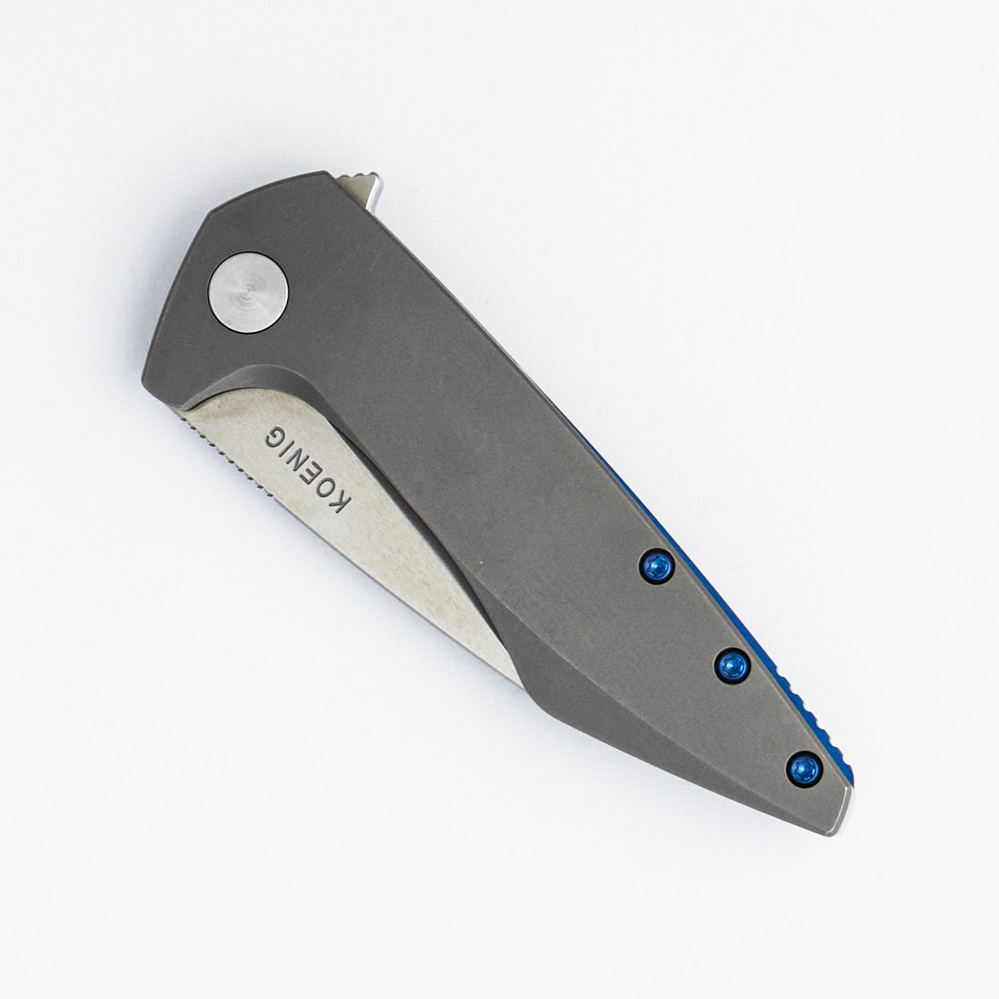 Mini Goblin - Smooth Titanium Handle - Blue Hardware - Burnished W/ Polished Flats M390 Blade