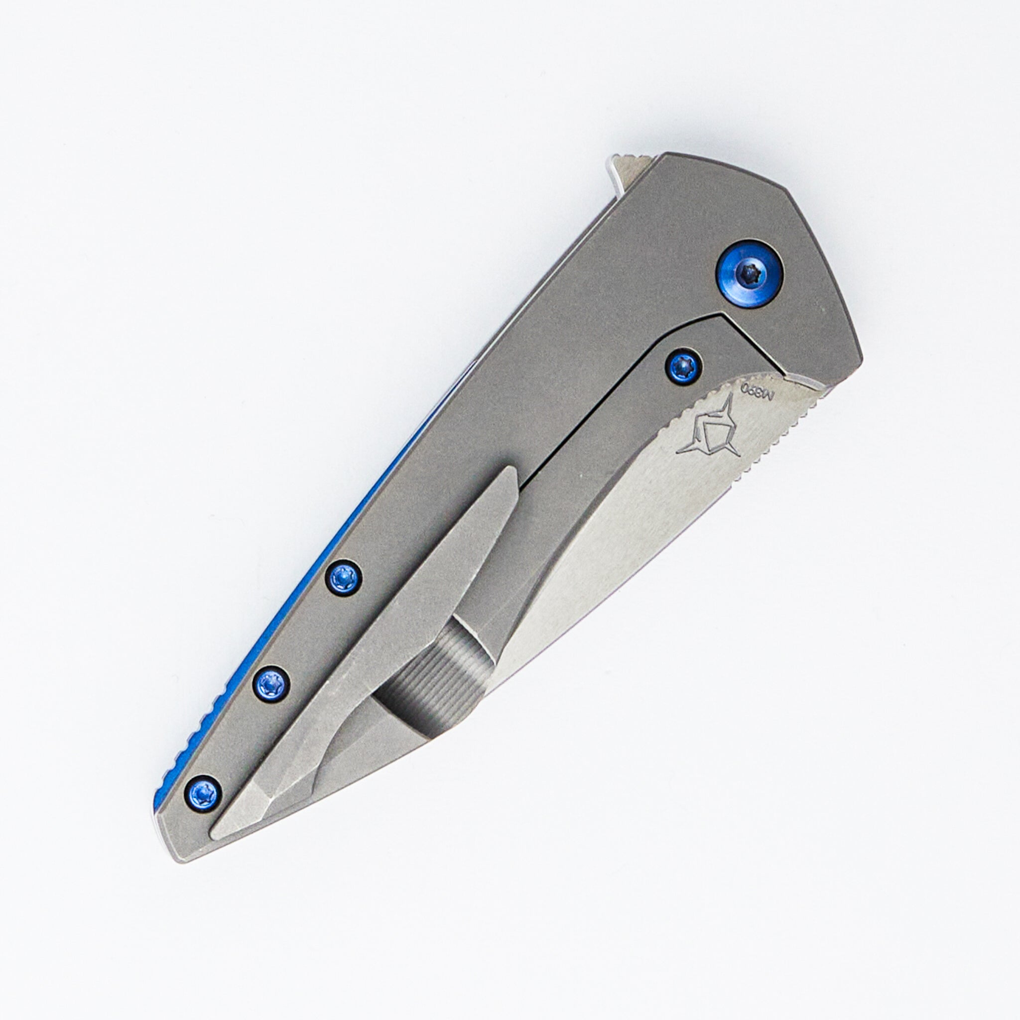 Mini Goblin - Smooth Titanium Handle - Blue Hardware - Burnished W/ Polished Flats M390 Blade