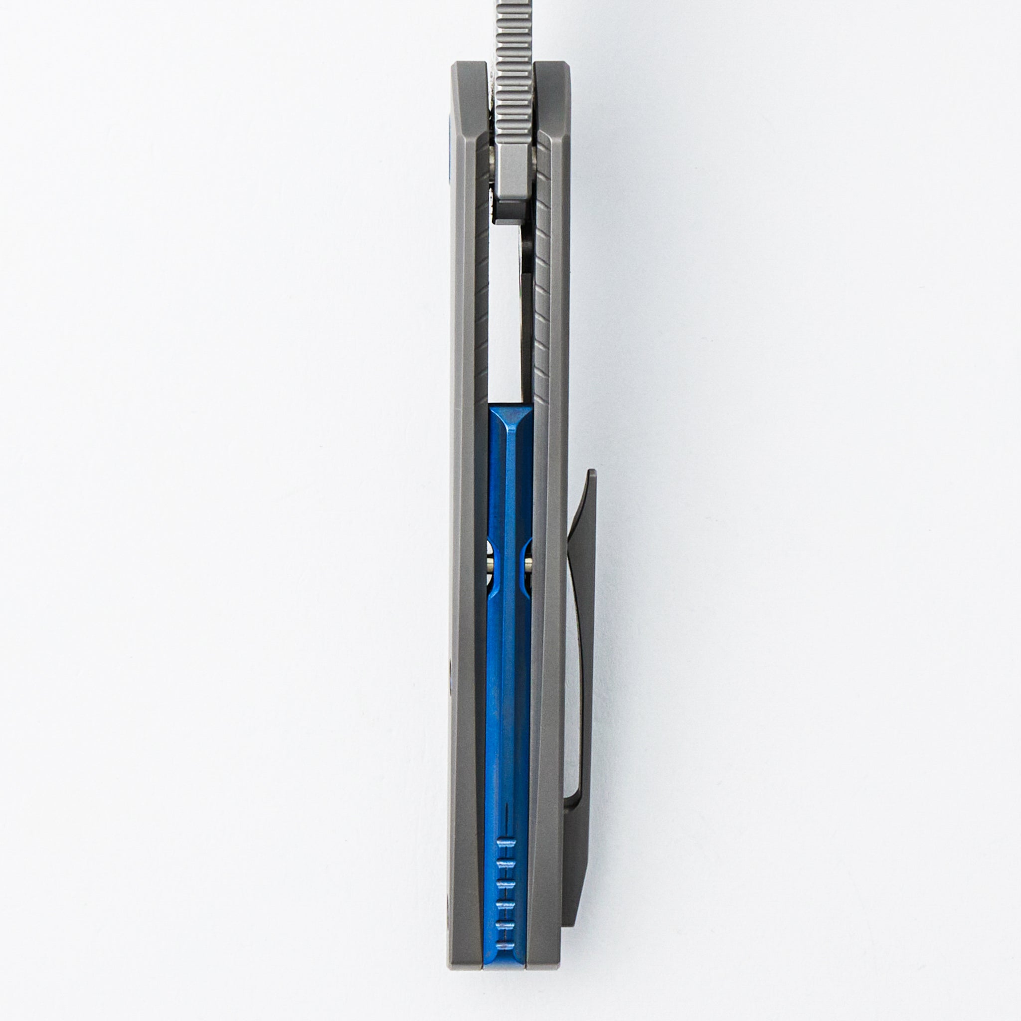 Mini Goblin - Smooth Titanium Handle - Blue Hardware - Burnished W/ Polished Flats M390 Blade