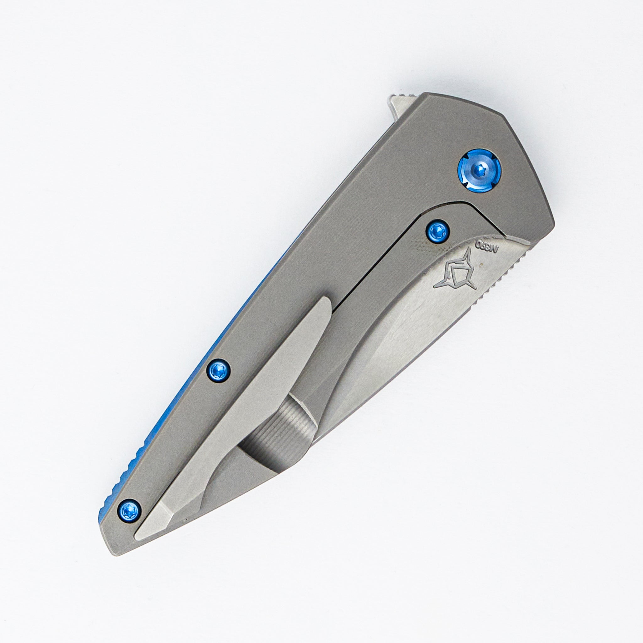 Mini Goblin - Smooth Titanium Handle - Blue Hardware - Burnished W/ Polished Flats M390 Blade