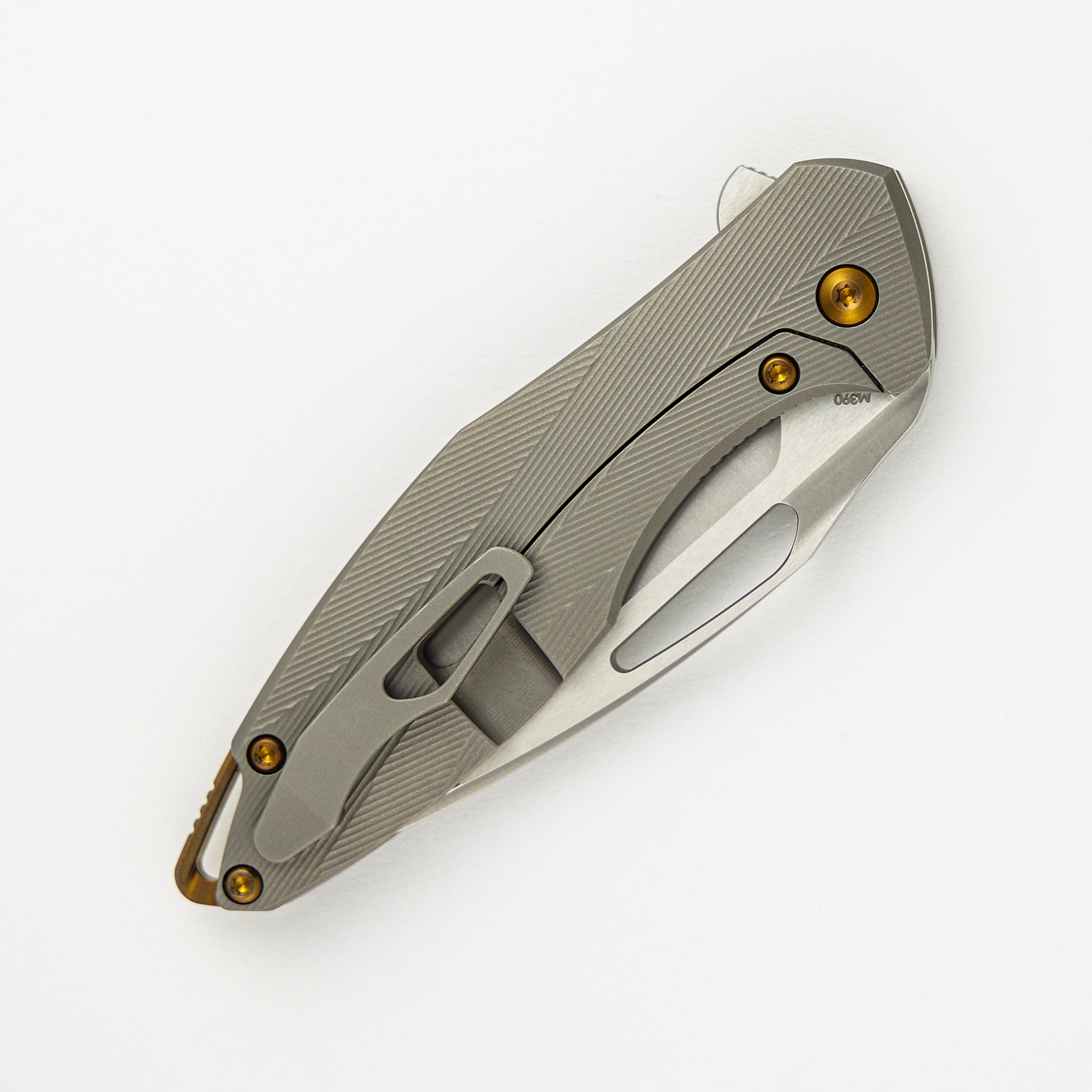 Mini Arius - Burnished W/ Polished Flats M390 Blade - Patterned Ti Handle