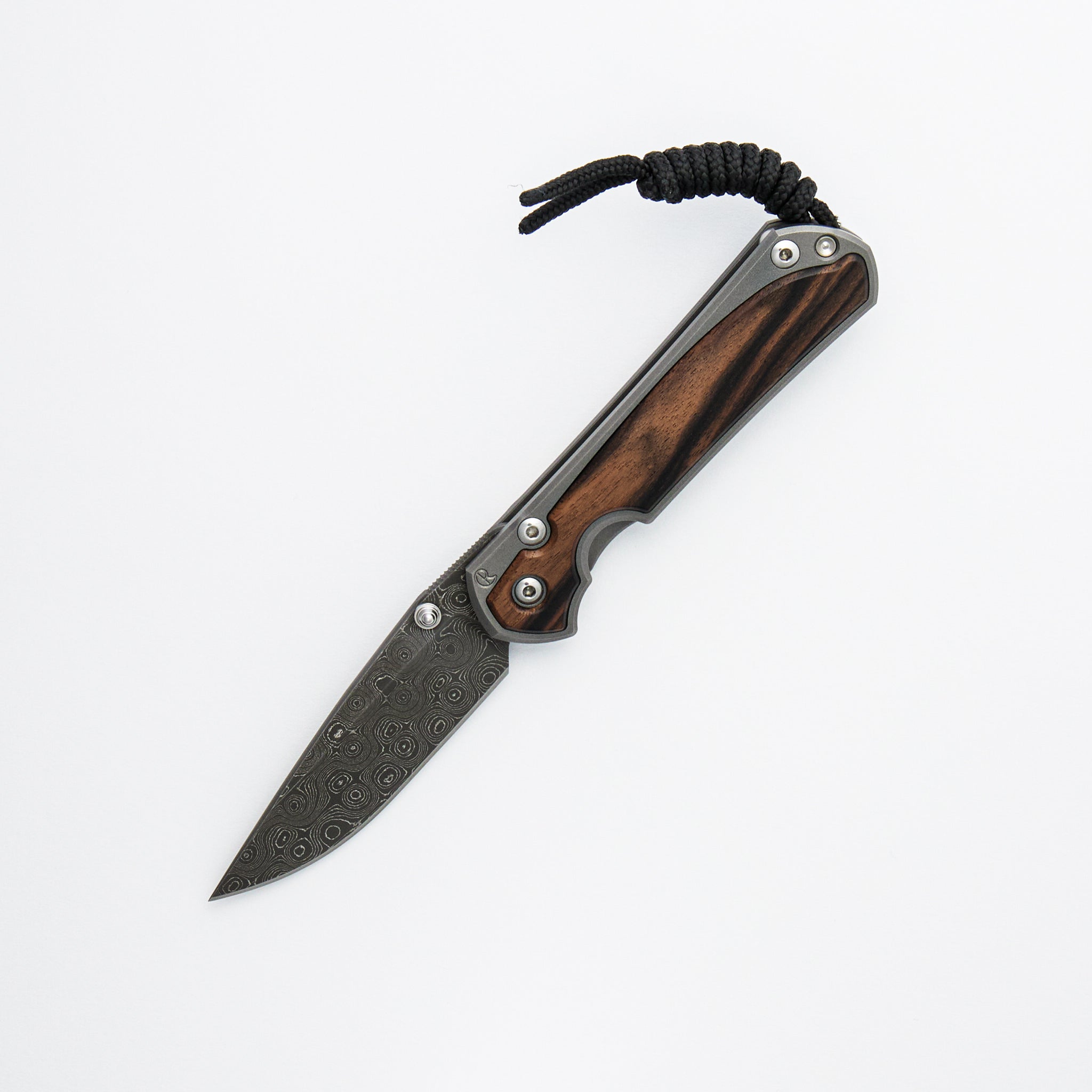Small Sebenza 31 Macassar Inlay - Drop Point Raindrop Blade - Silver Double Thumb Lugs