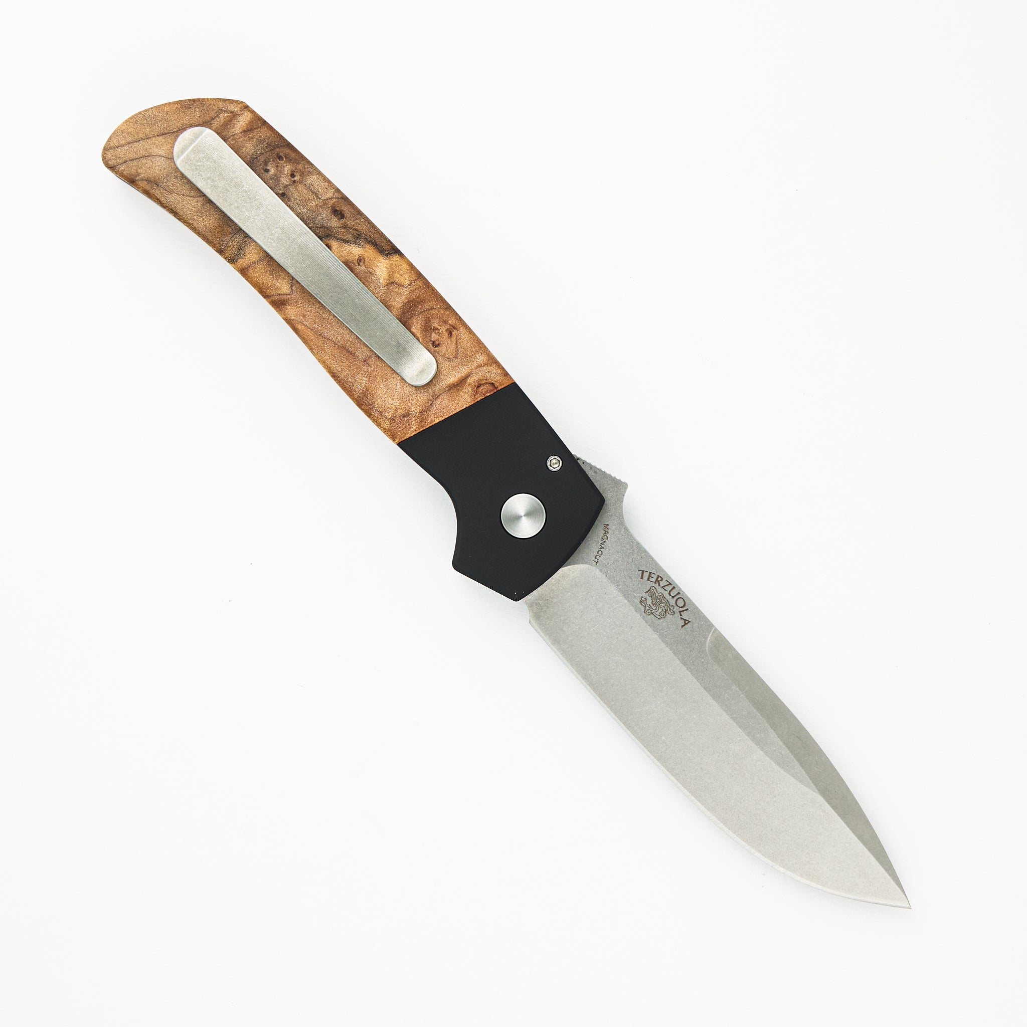 Pro-Tech Knives Terzuola ATCF Auto – Black Handle W- Maple Burl Inlays – Mosaic Push Button – Stonewash Magnacut Blade – Ti Clip – BT2706