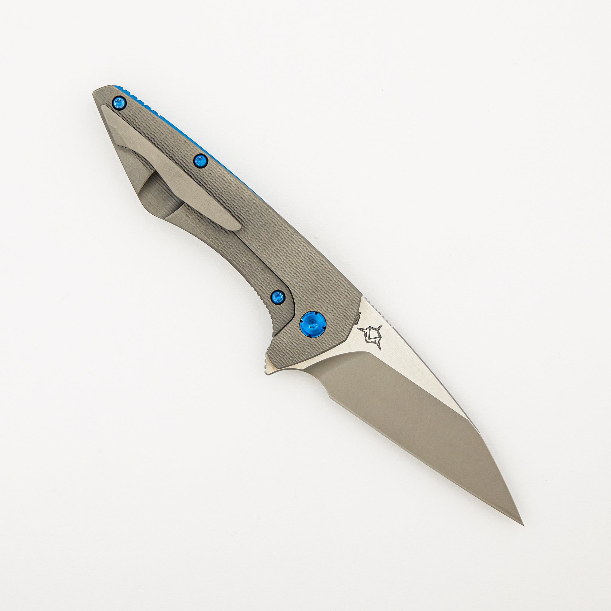 Mini Goblin - PCF Pattern Titanium Handle - Blue Hardware - Burnished w/ Polished Flats M390 Blade