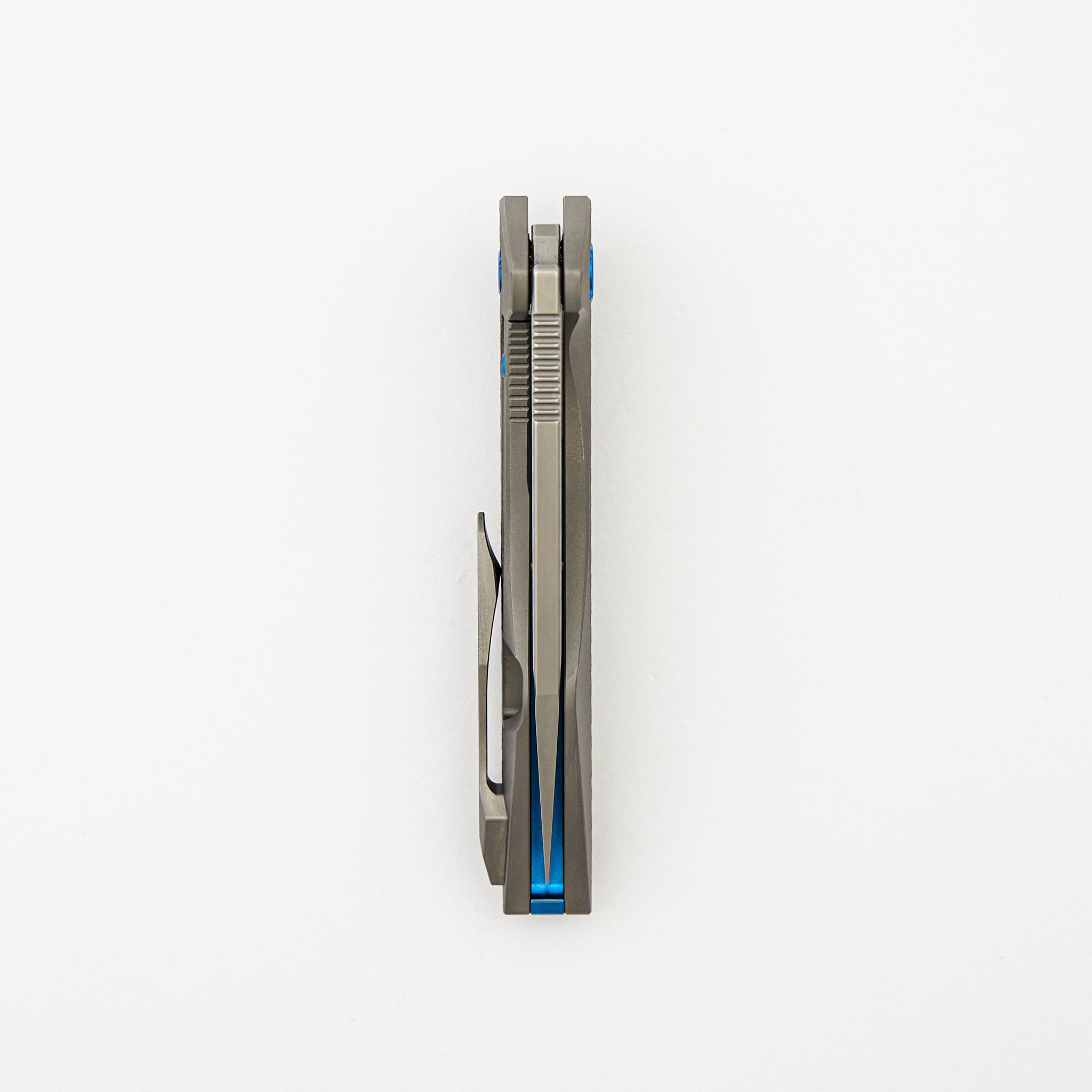 Mini Goblin - PCF Pattern Titanium Handle - Blue Hardware - Burnished w/ Polished Flats M390 Blade