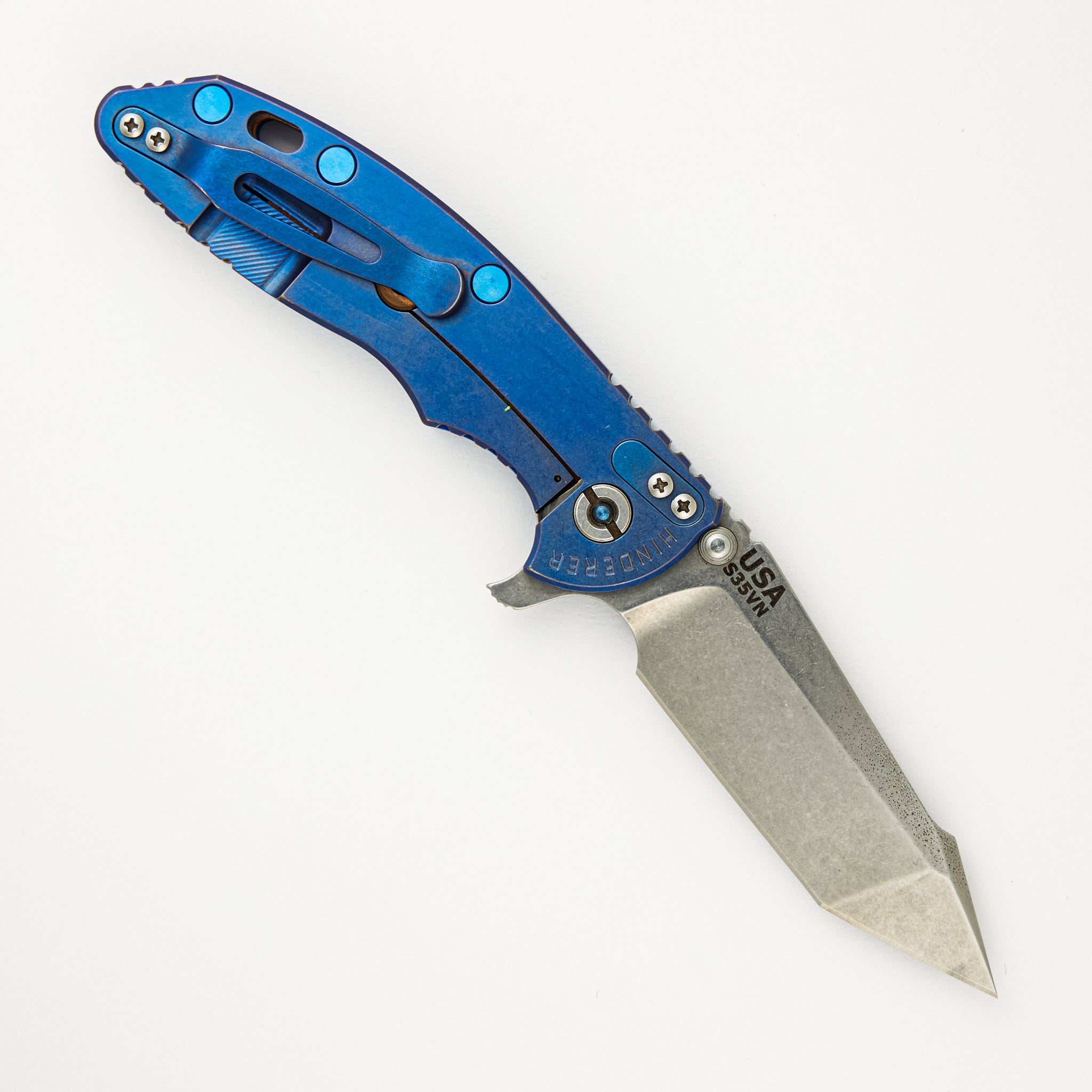 Hinderer XM-18 - Fatty Harpoon Tanto Blade - Blue Ano Titanium/Blue G10 Handle