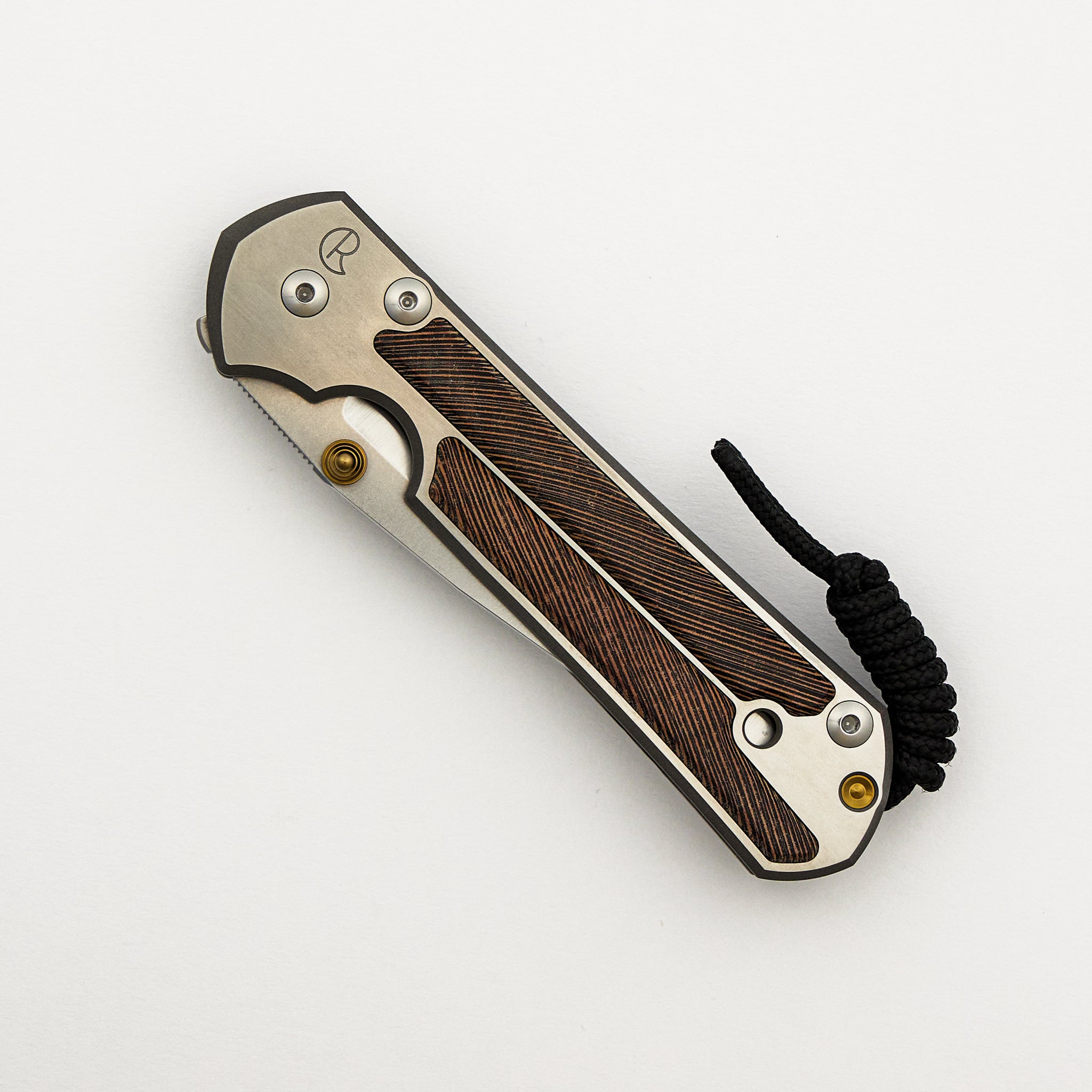 Large Sebenza 21 - Striped Platan Inlay - Polished Drop Point CPM S35VN Blade - Gold Single Lug