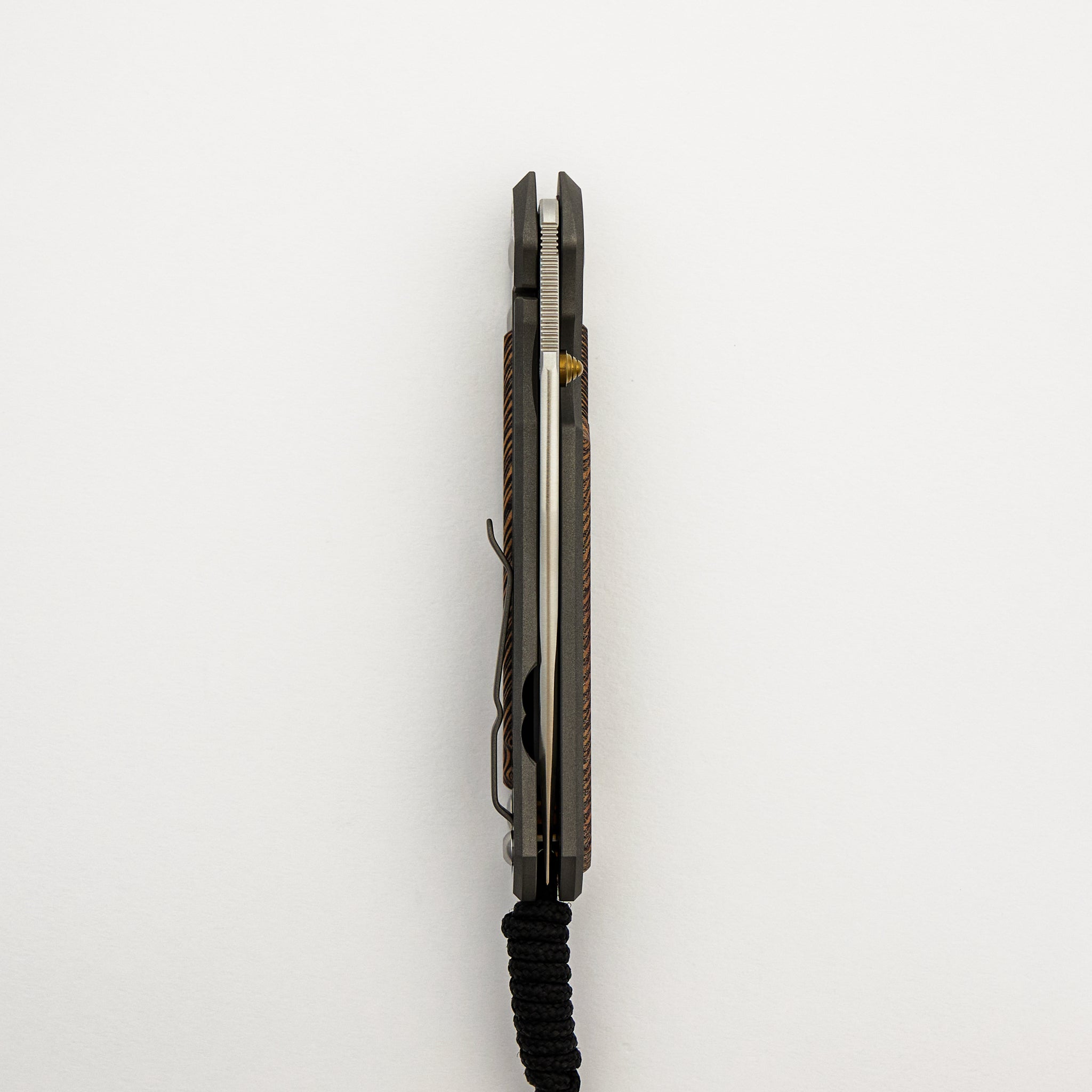 Large Sebenza 21 - Striped Platan Inlay - Polished Drop Point CPM S35VN Blade - Gold Single Lug