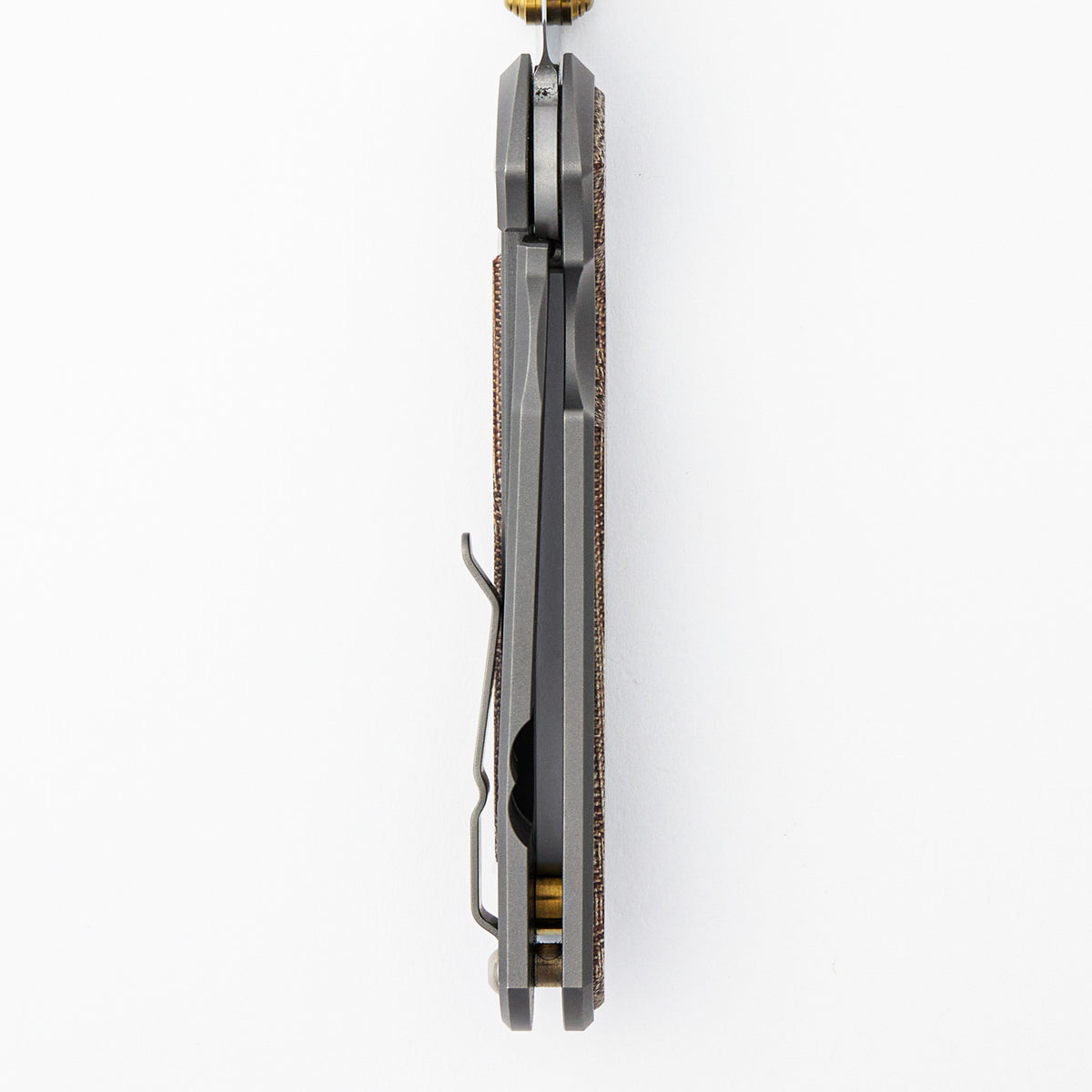 Large Sebenza 31 - Natural Canvas Micarta Inlay - Drop Point Polished CPM MagnaCut Blade - Glass Blasted - Gold Double Thumb Lugs