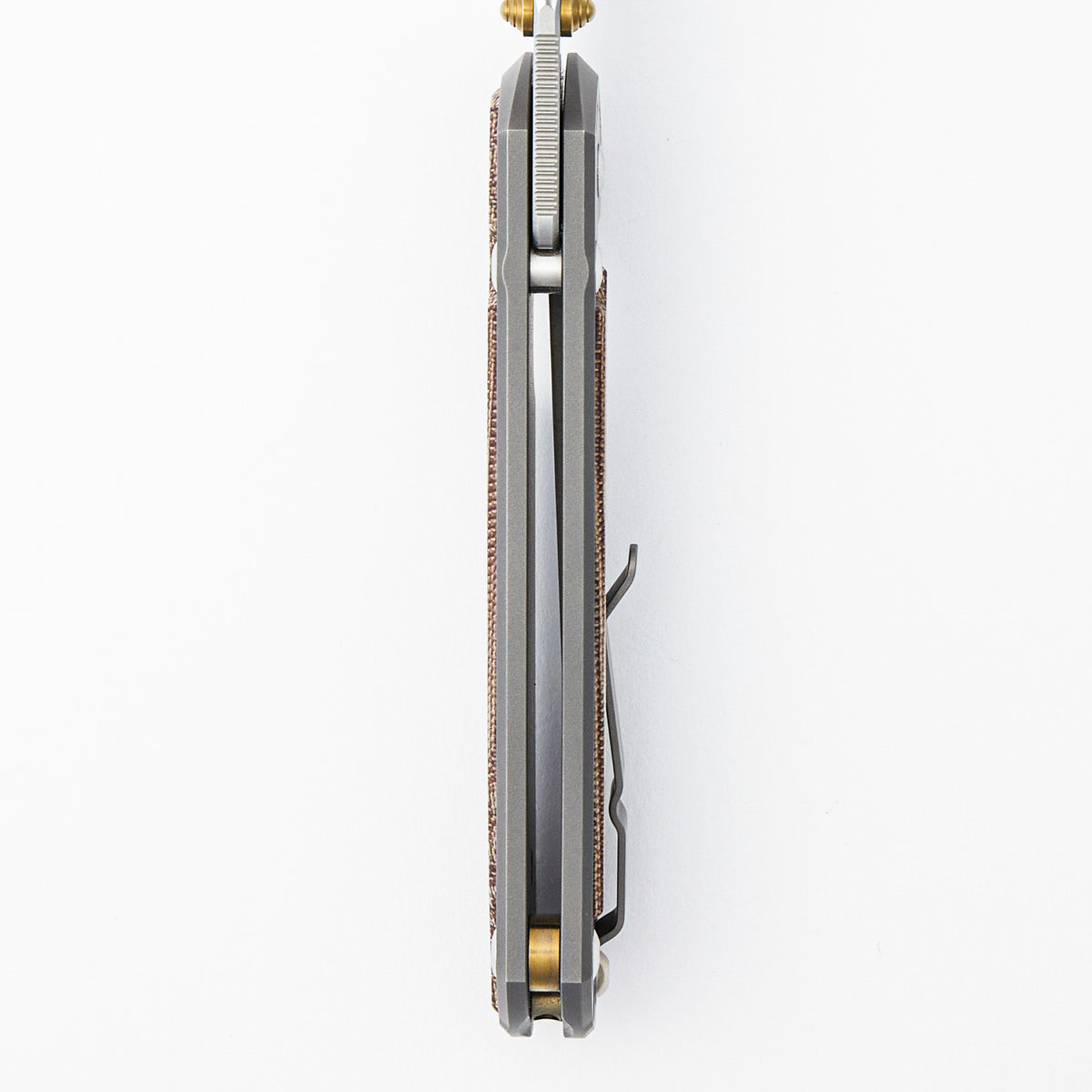 Large Sebenza 31 - Natural Canvas Micarta Inlay - Drop Point Polished CPM MagnaCut Blade - Glass Blasted - Gold Double Thumb Lugs