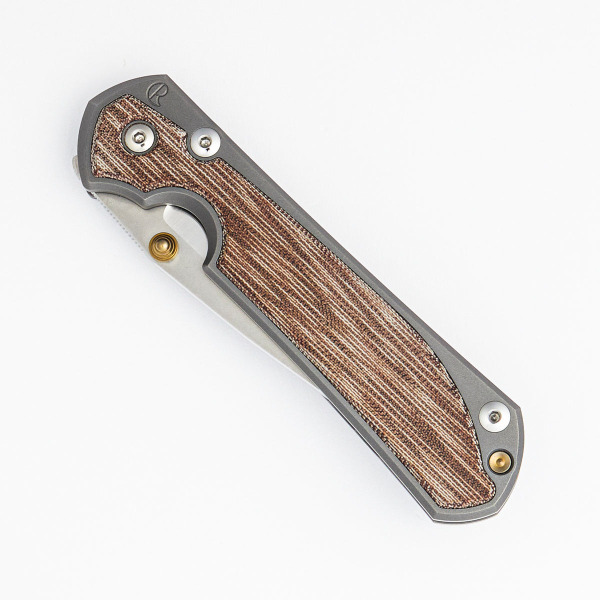 Large Sebenza 31 - Natural Canvas Micarta Inlay - Drop Point Polished CPM MagnaCut Blade - Glass Blasted - Gold Double Thumb Lugs