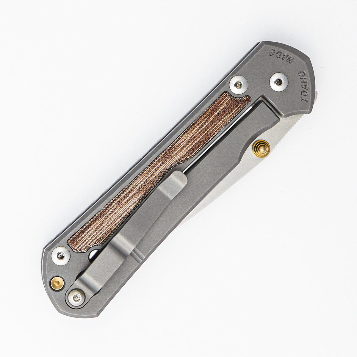 Large Sebenza 31 - Natural Canvas Micarta Inlay - Drop Point Polished CPM MagnaCut Blade - Glass Blasted - Gold Double Thumb Lugs