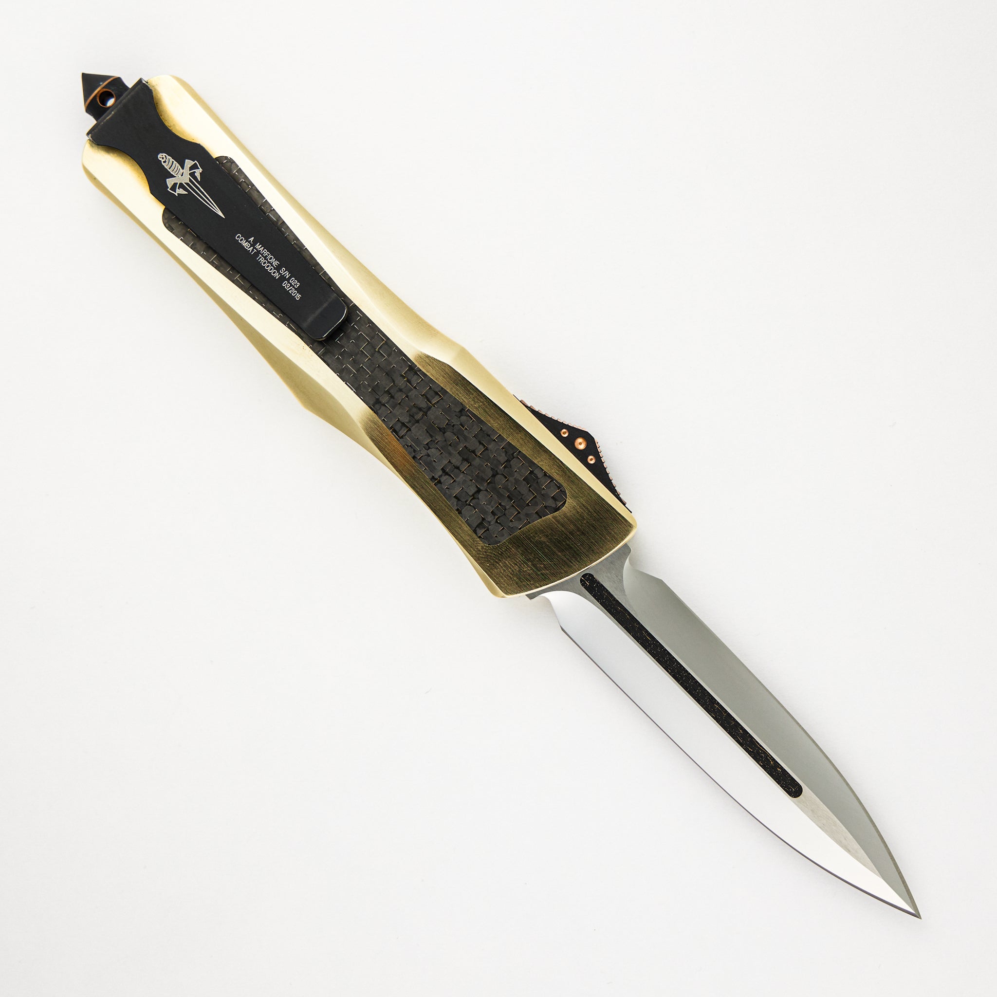 Marfione Custom Knives Combat Troodon - Mirror Polish - Lightning Strike - Bearing Grade Brass S/N 023