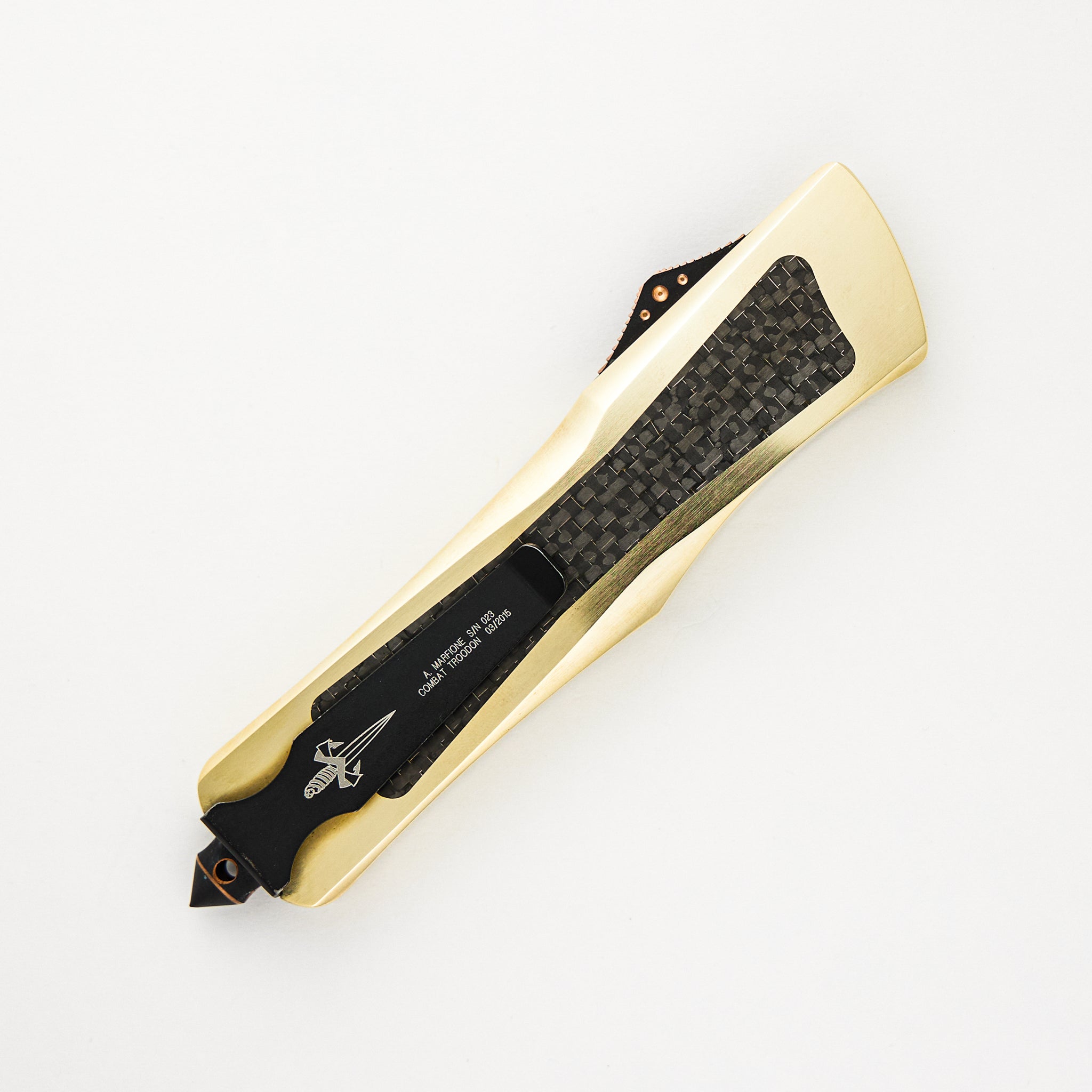 Marfione Custom Knives Combat Troodon - Mirror Polish - Lightning Strike - Bearing Grade Brass S/N 023