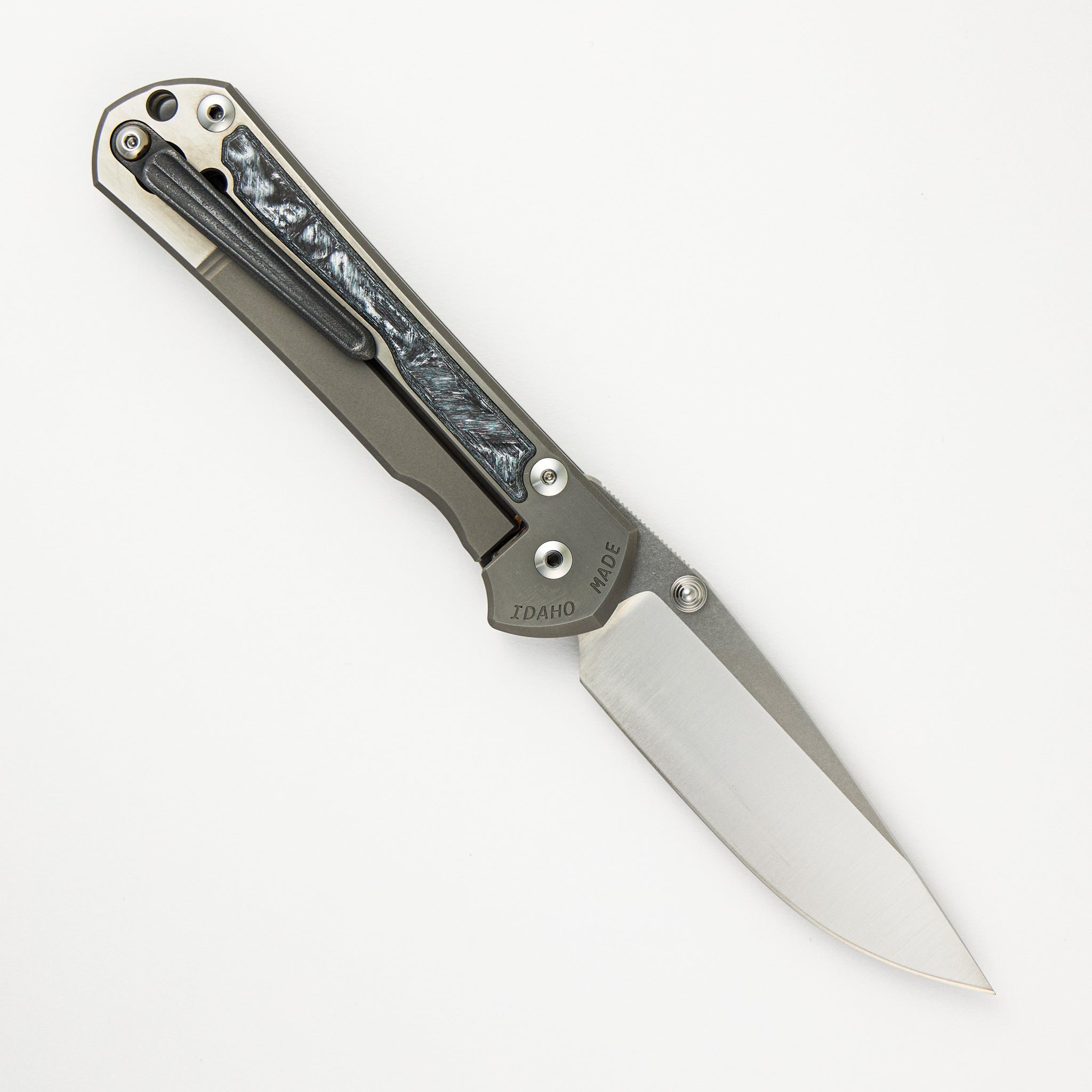 Large Sebenza 31 - White CarboTi Inlay - Polished Drop Point CPM MagnaCut Blade - Silver Double Lugs