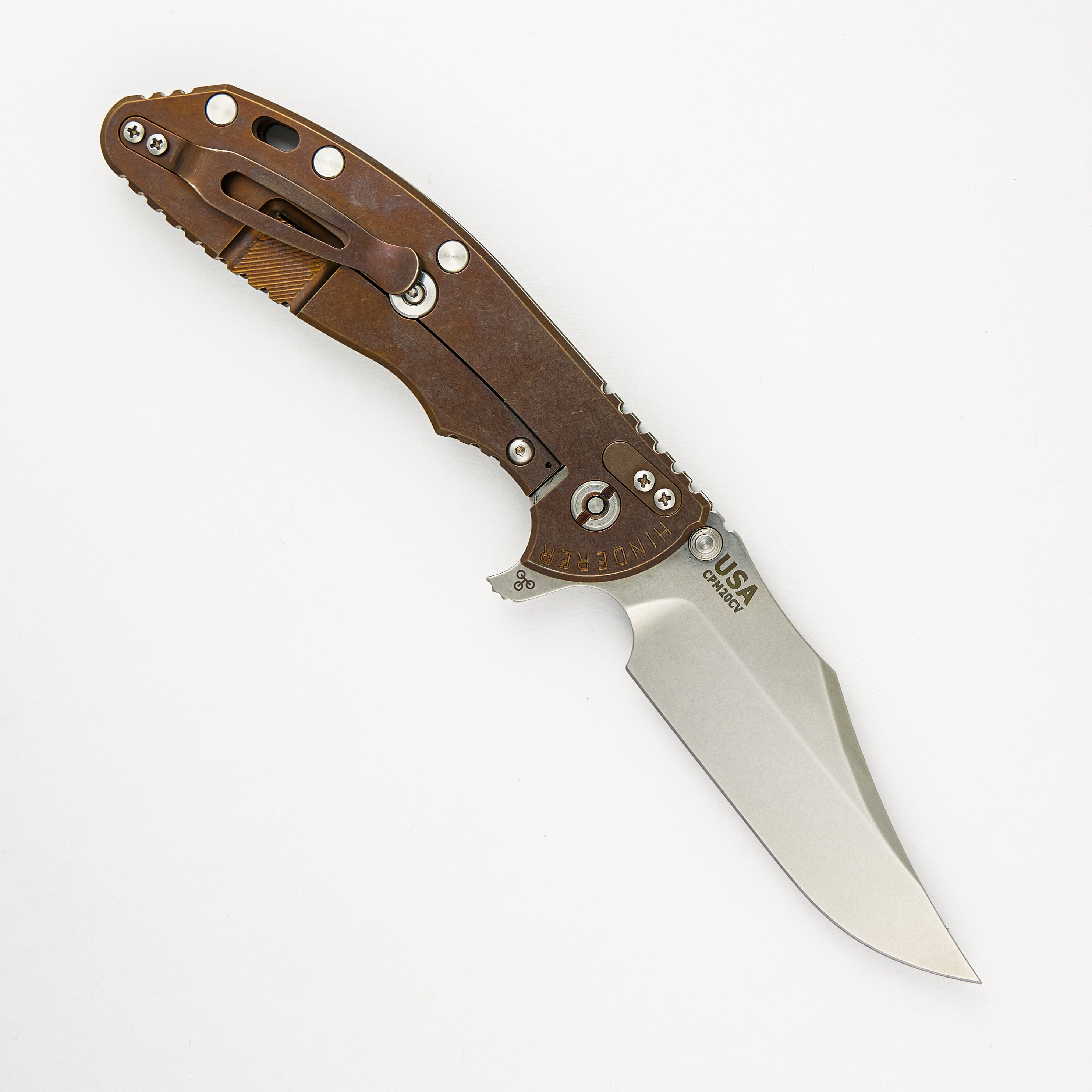 Hinderer Knives XM-24 4.0″ – Bowie CPM 20CV Blade – Tri-Way – Stonewash Bronze – OD Green G10