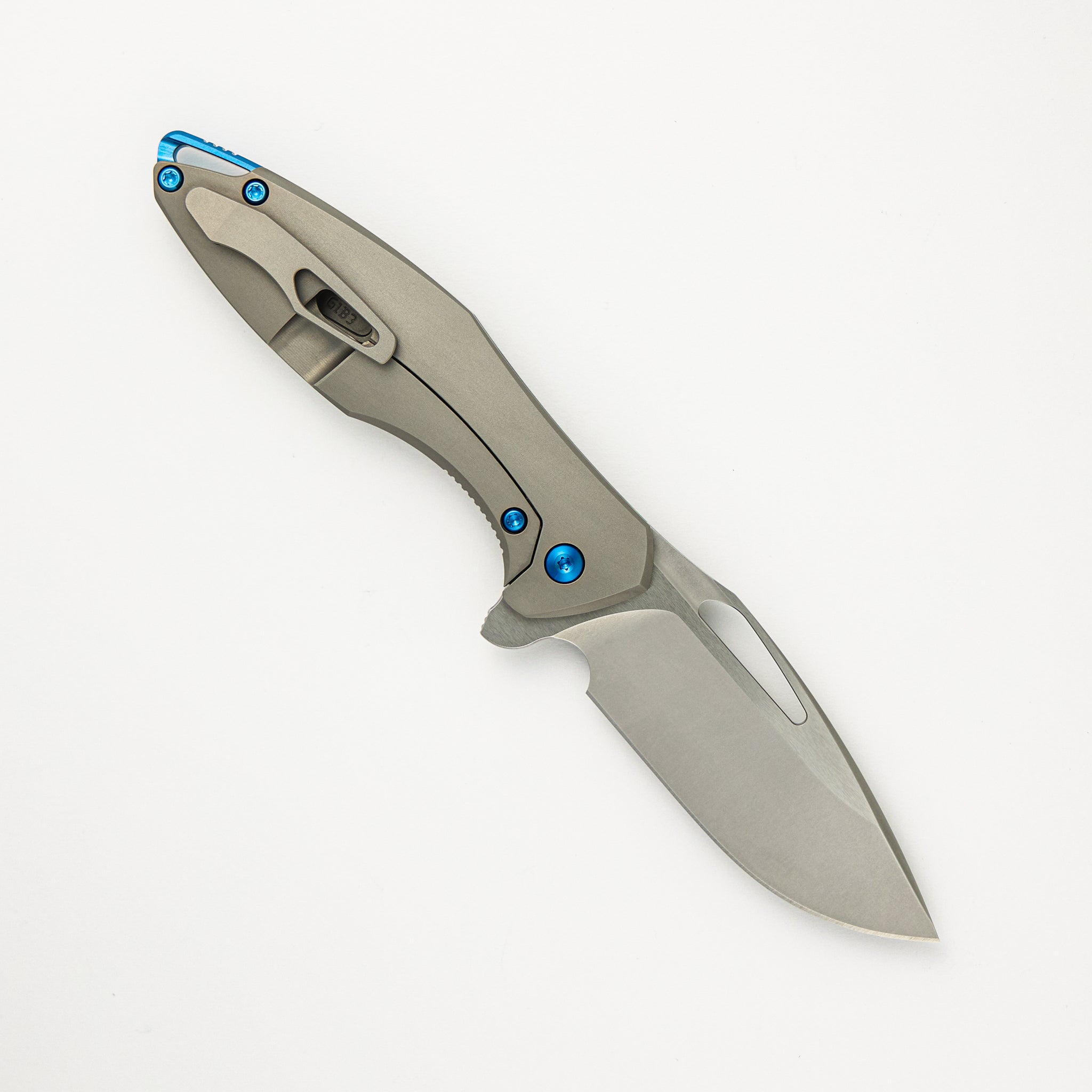 Mini Arius - Smooth Titanium Handle - Blue Hardware -  Burnished W/ Polished Flats M390 Blade