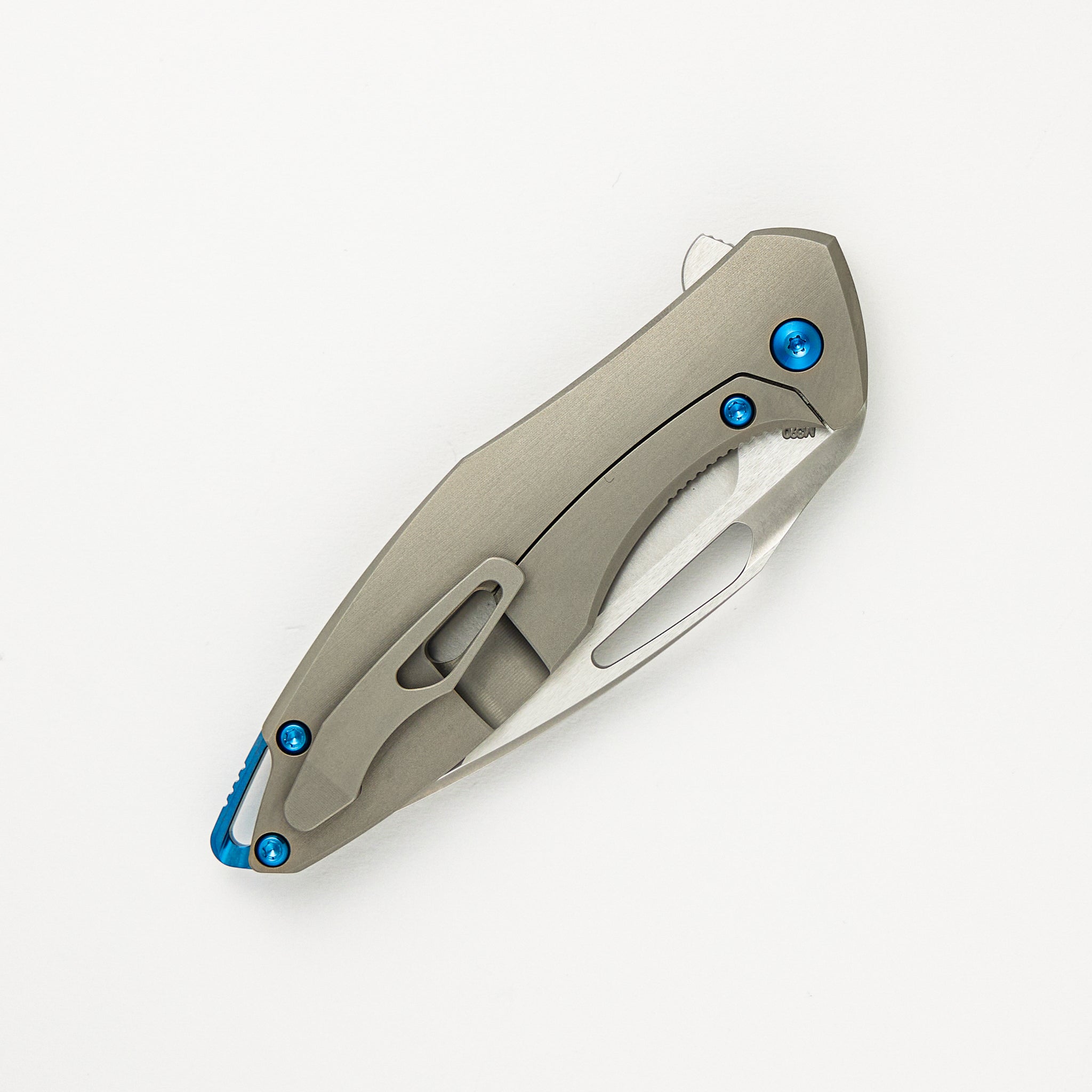 Mini Arius - Smooth Titanium Handle - Blue Hardware -  Burnished W/ Polished Flats M390 Blade