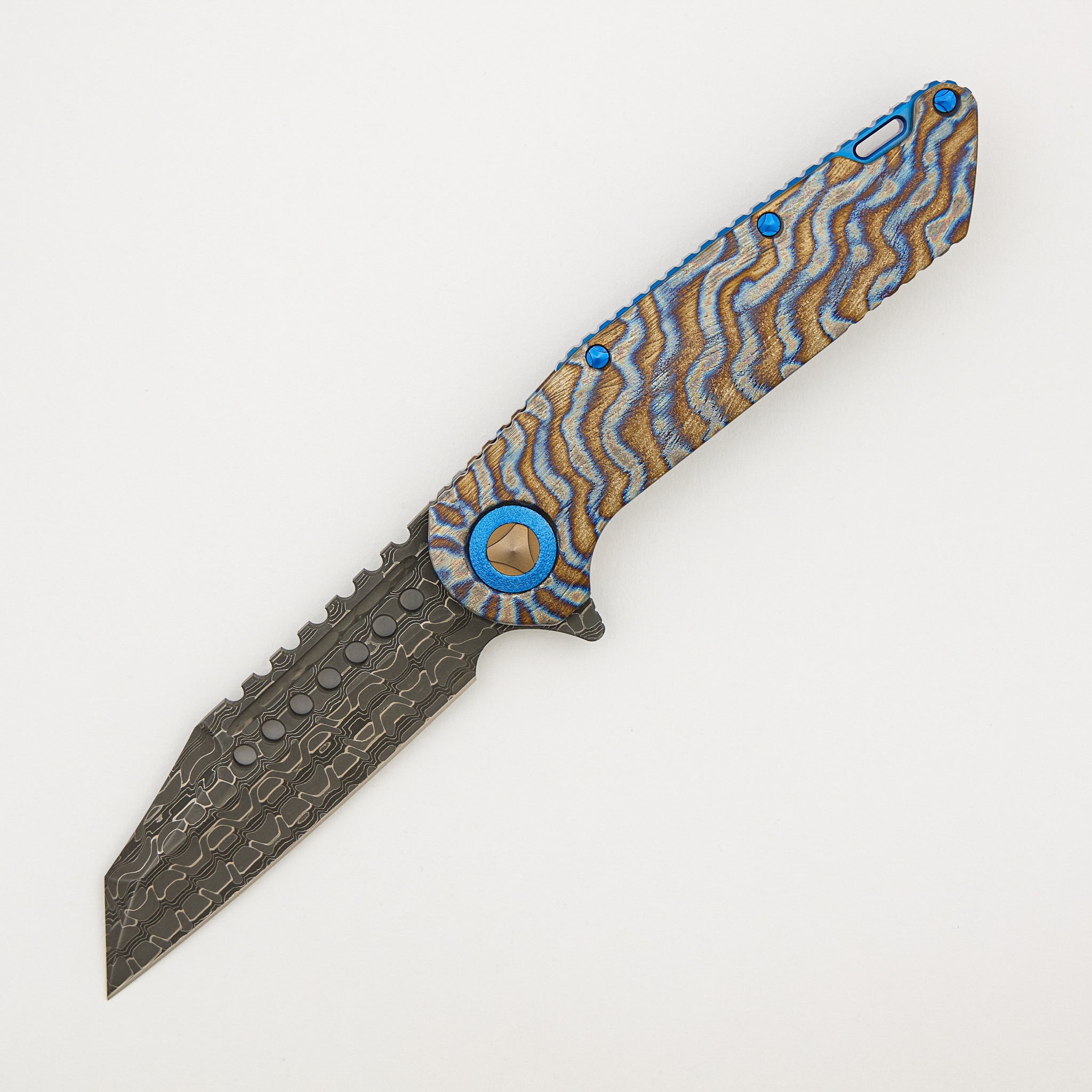 Marfione Custom Knives Warhound - Vegas Forge Stainless Reptilian Blade - Flamed Barked Titanium Handle