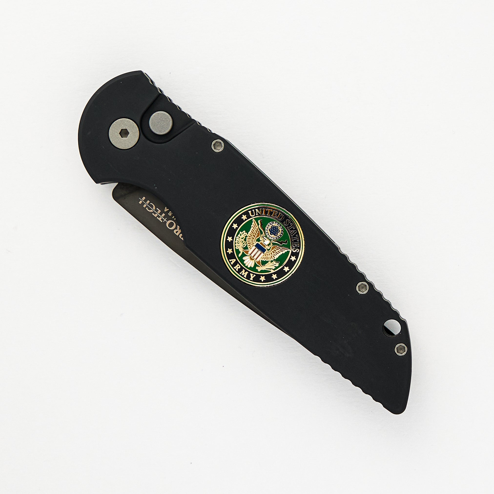 Pro-Tech TR-3 U.S. Army MIL-A008 #7 Black Aluminum Handle W/ Officially Licensed U.S. Army Logo Inlay DLC Black Blade