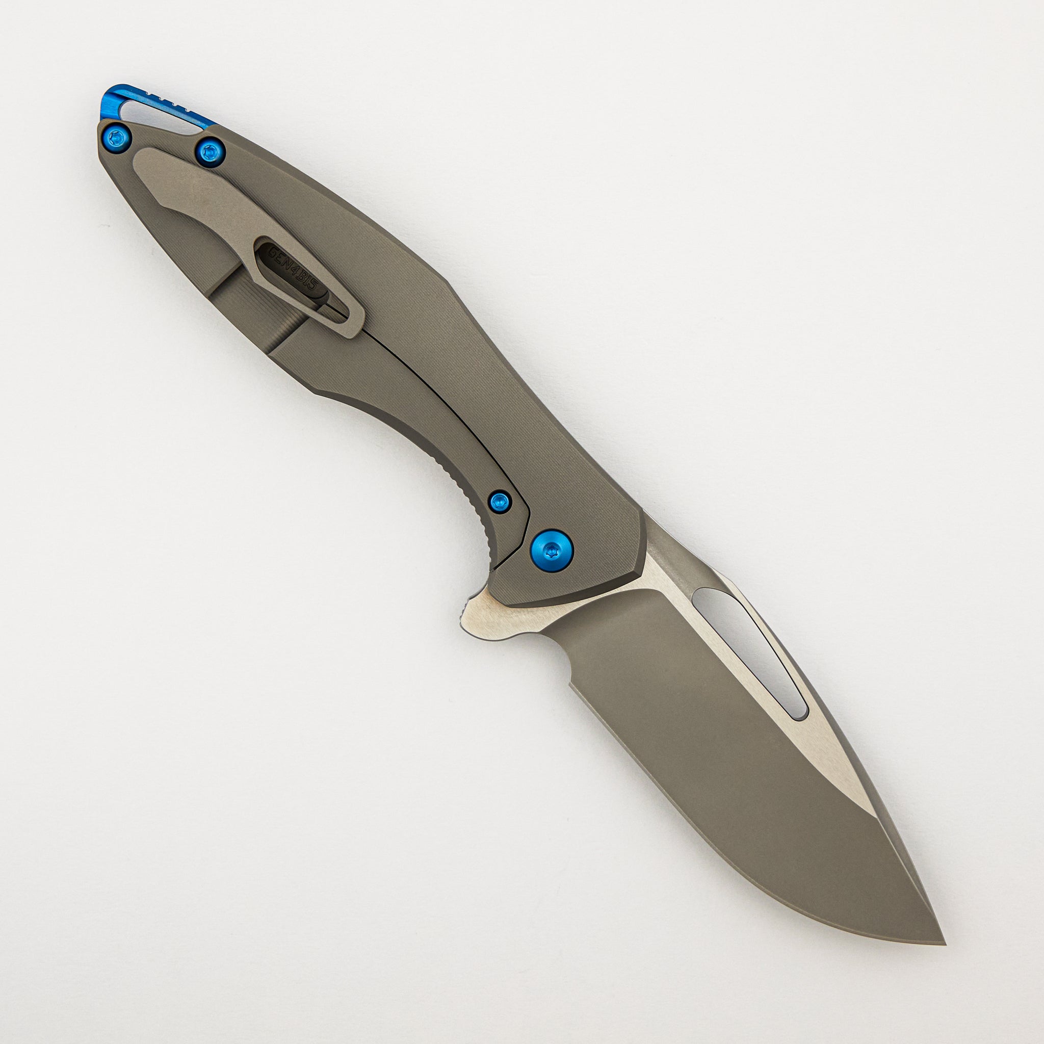 Arius - Pinstripe Titanium Handle - Blue Hardware - Burnished W/ Polished Flats M390 Blade