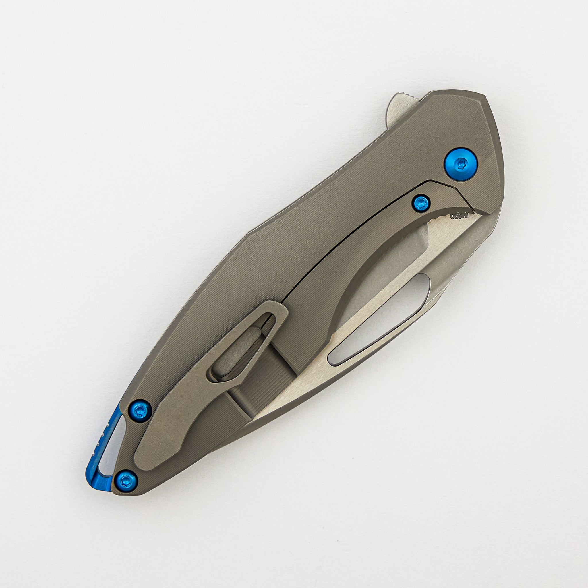 Arius - Pinstripe Titanium Handle - Blue Hardware - Burnished W/ Polished Flats M390 Blade