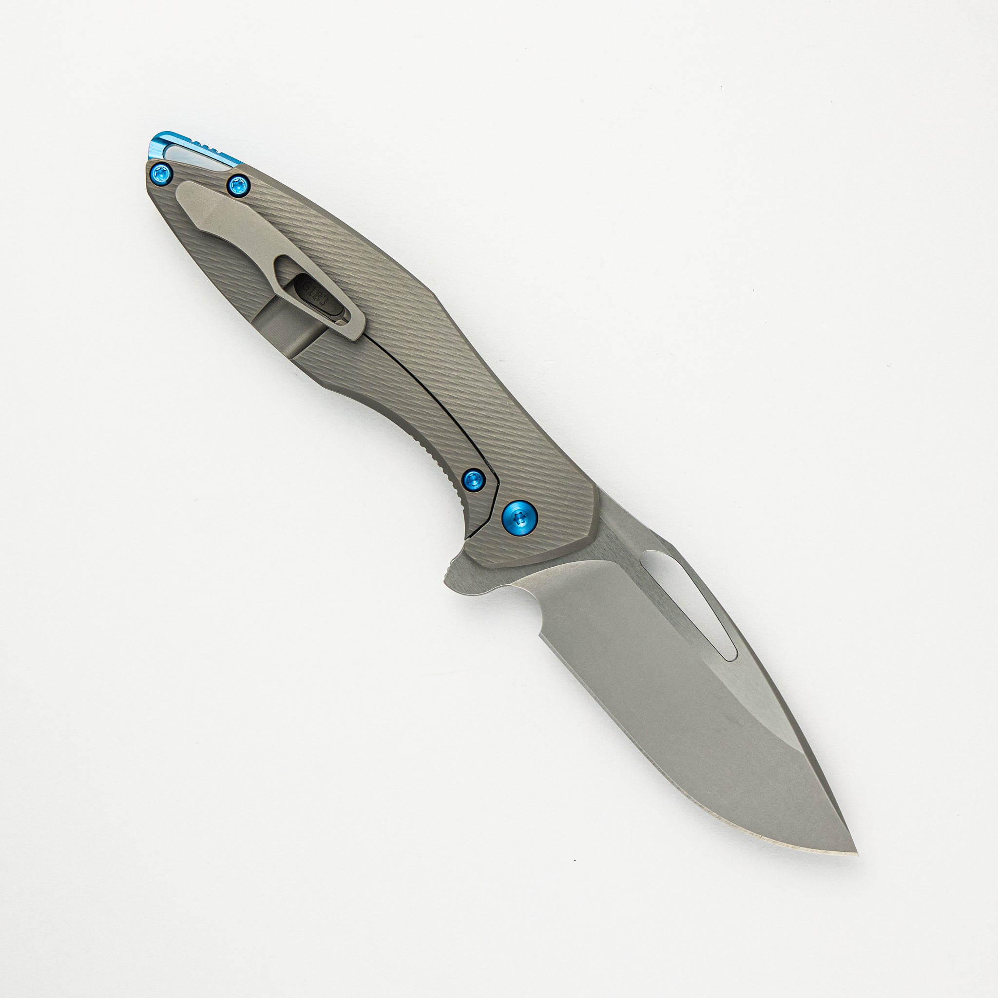 Mini Arius - Corda Titanium Handle - Blue Hardware -  Burnished W/ Polished Flats M390 Blade