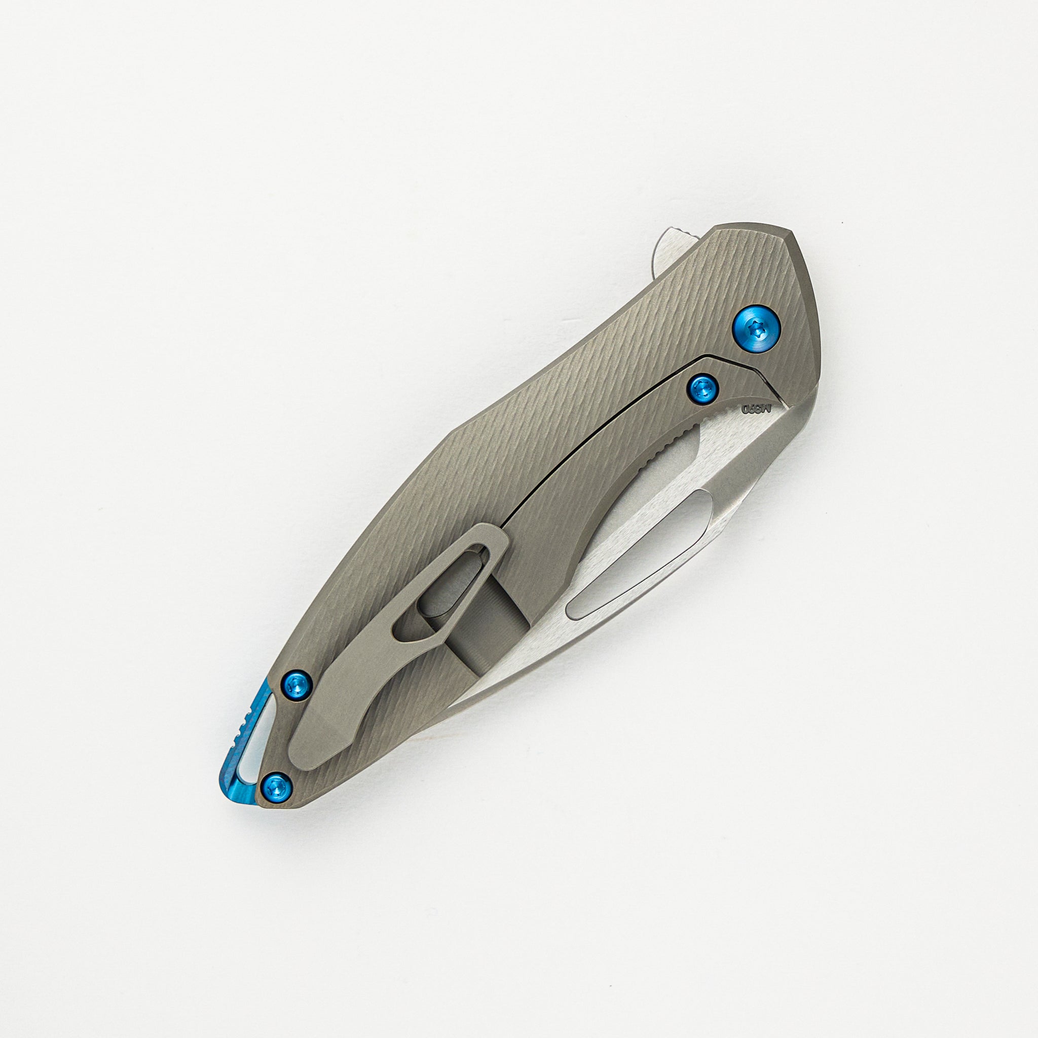 Koenig Mini Arius - Corda Titanium Handle - Blue Hardware -  Burnished W/ Polished Flats M390 Blade