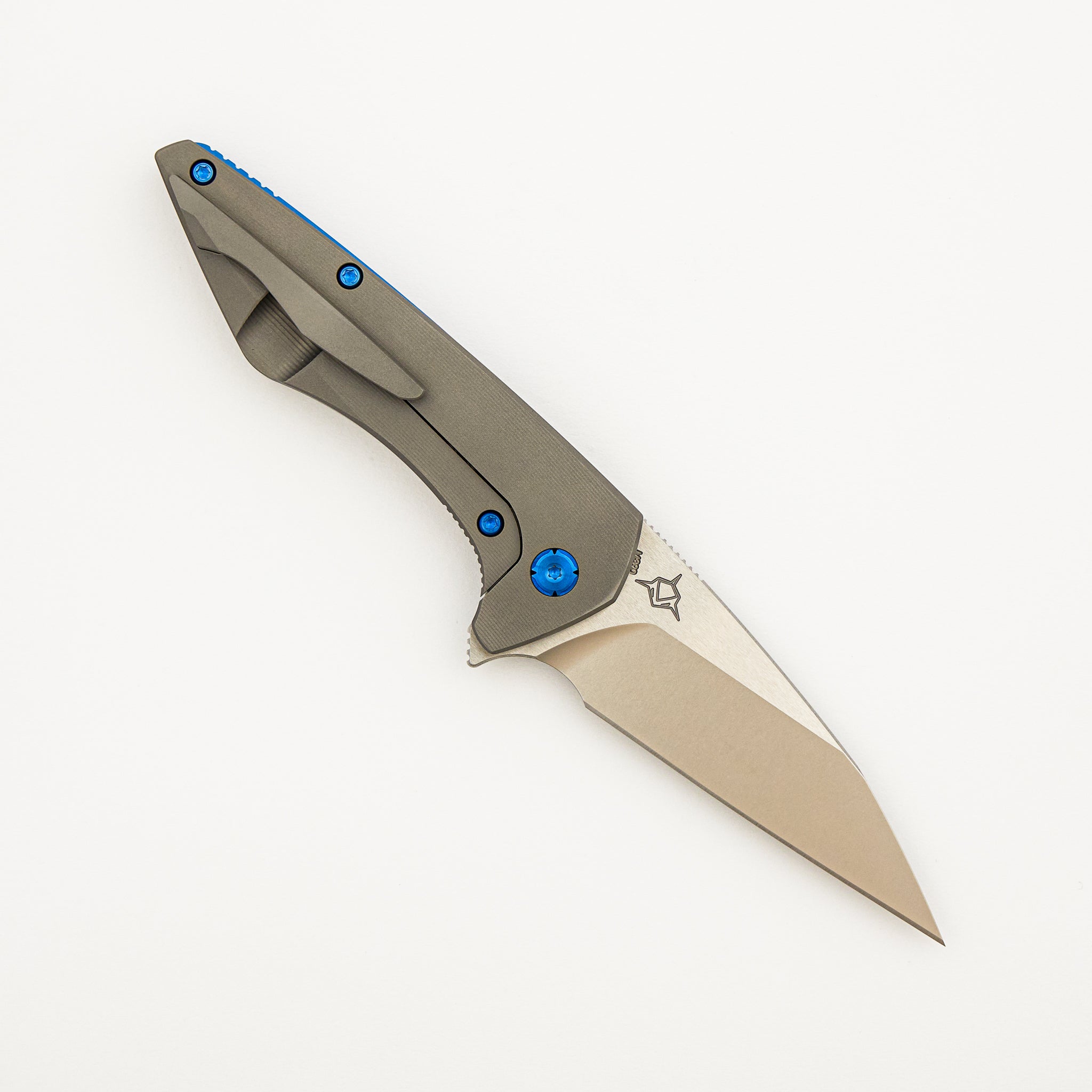 Mini Goblin - Smooth Titanium Handle - Blue Hardware - Brightwashed W/ Polished Flats M390 Blade