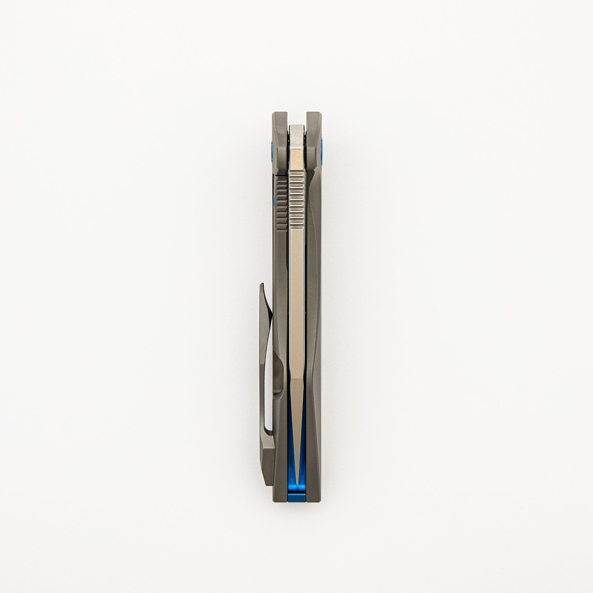 Mini Goblin - Smooth Titanium Handle - Blue Hardware - Brightwashed W/ Polished Flats M390 Blade
