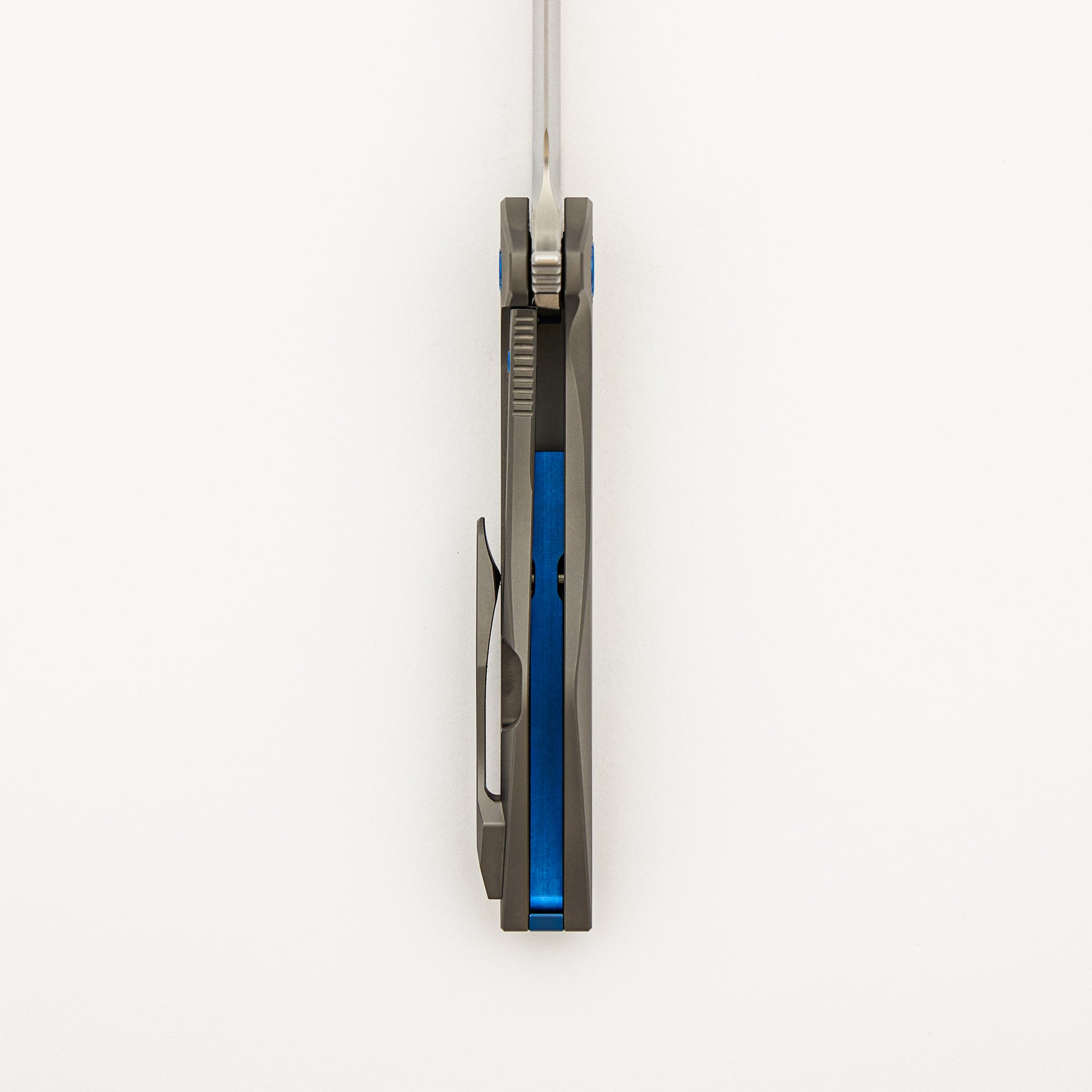 Mini Goblin - Smooth Titanium Handle - Blue Hardware - Brightwashed W/ Polished Flats M390 Blade