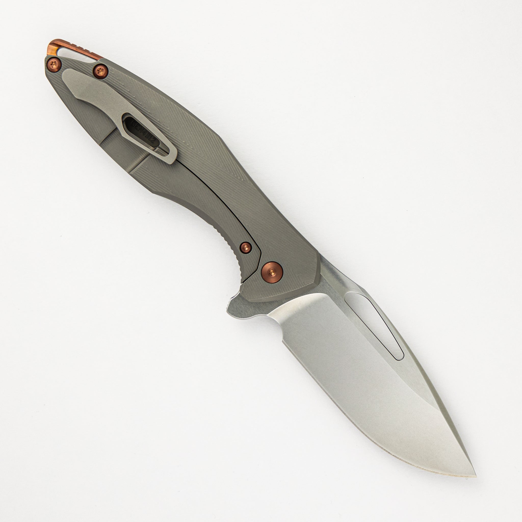 Koenig Arius -Patterned Titanium Handle W/ Rose Gold Hardware & Spacer - MagnaCut Brightwashed W/ Polished Flats Blade