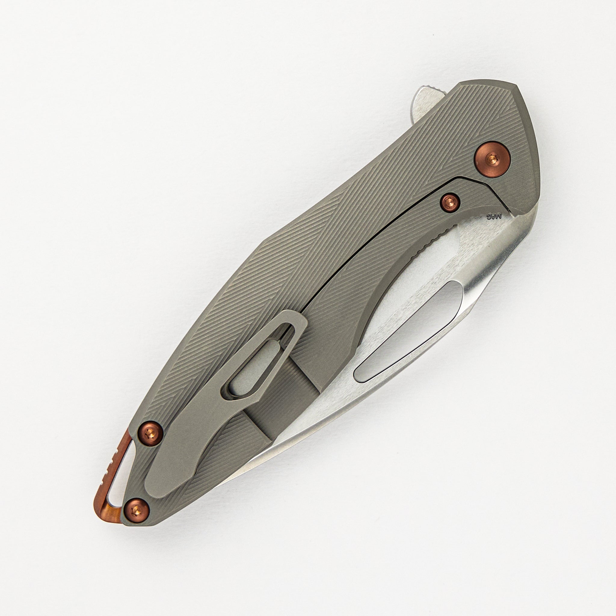 Arius -Patterned Titanium Handle W/ Rose Gold Hardware & Spacer - MagnaCut Brightwashed W/ Polished Flats Blade