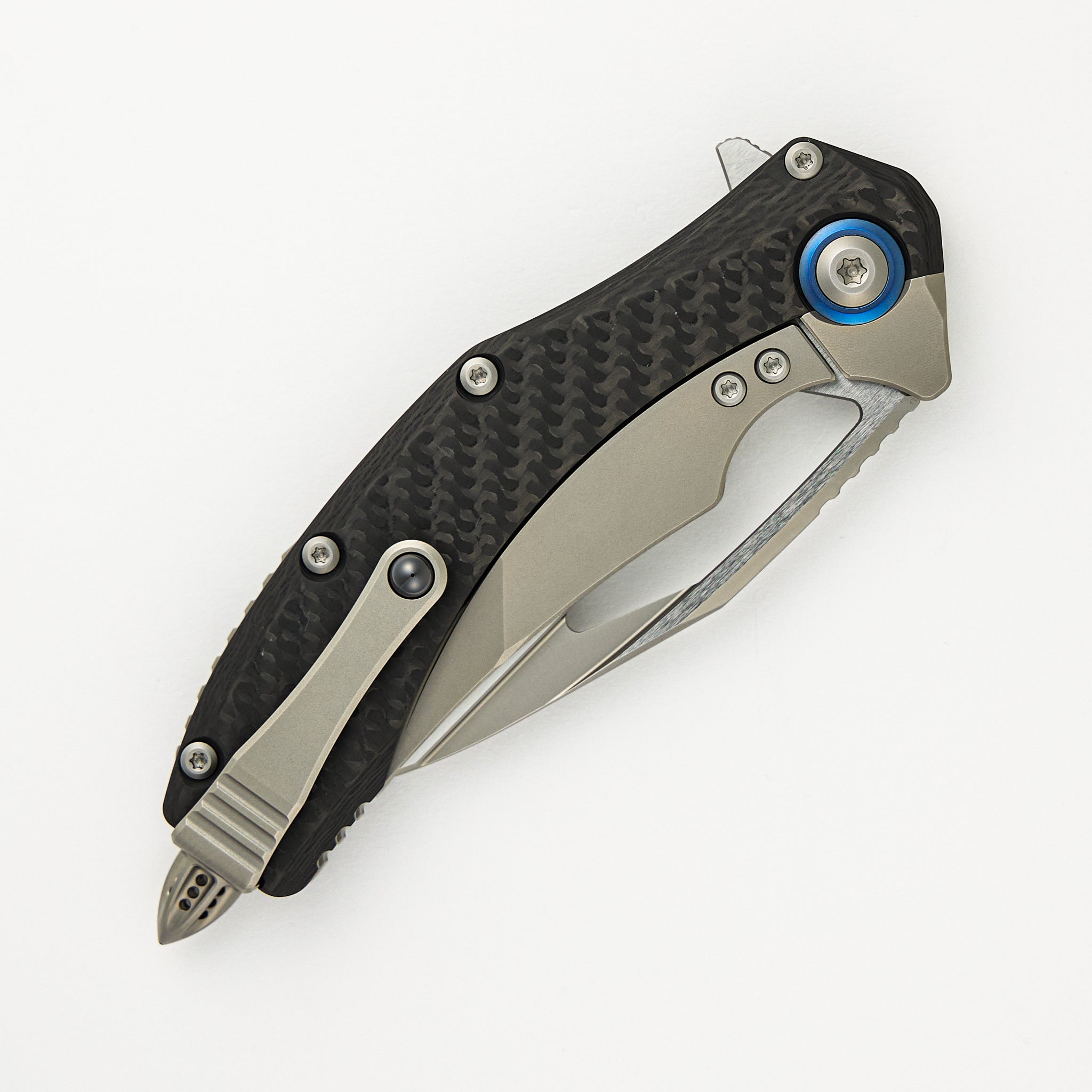 Microtech Matrix Titanium Handle Bead Blast Standard Blue Titanium Pivot Collar Carbon Fiber Scales 165C-7 CFTI