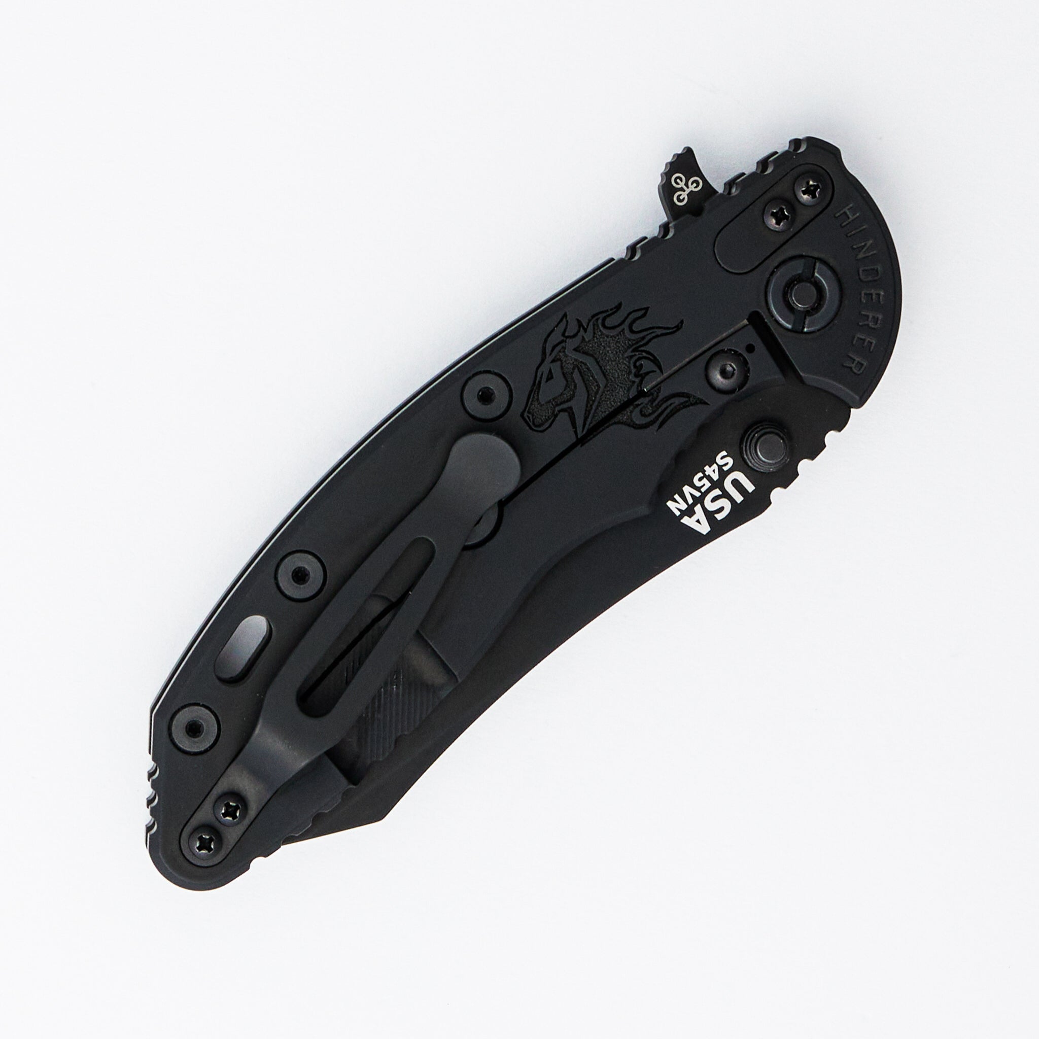 XM-18 3.5" - S45VN Skinner - Tri-Way - Matte Black DLC - Lasered Horsehead Lockside - Ti Scale - Black Hardware