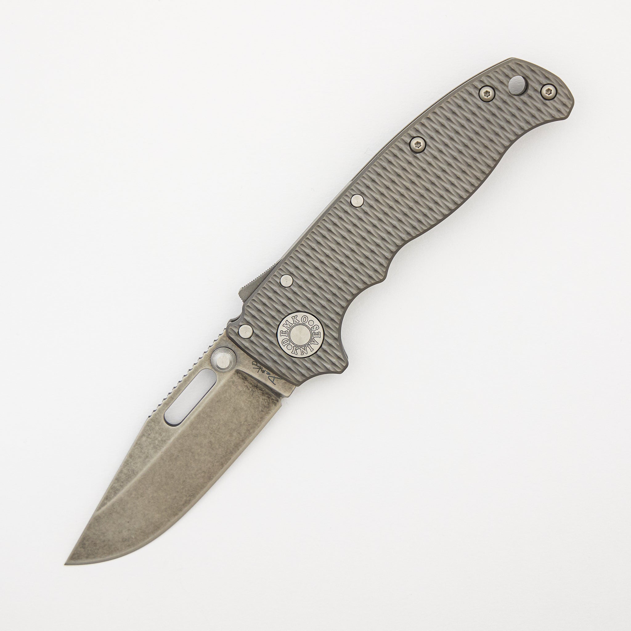 AD20.5 20CV Textured Titanium Handle Clip Point Stonewash Blade