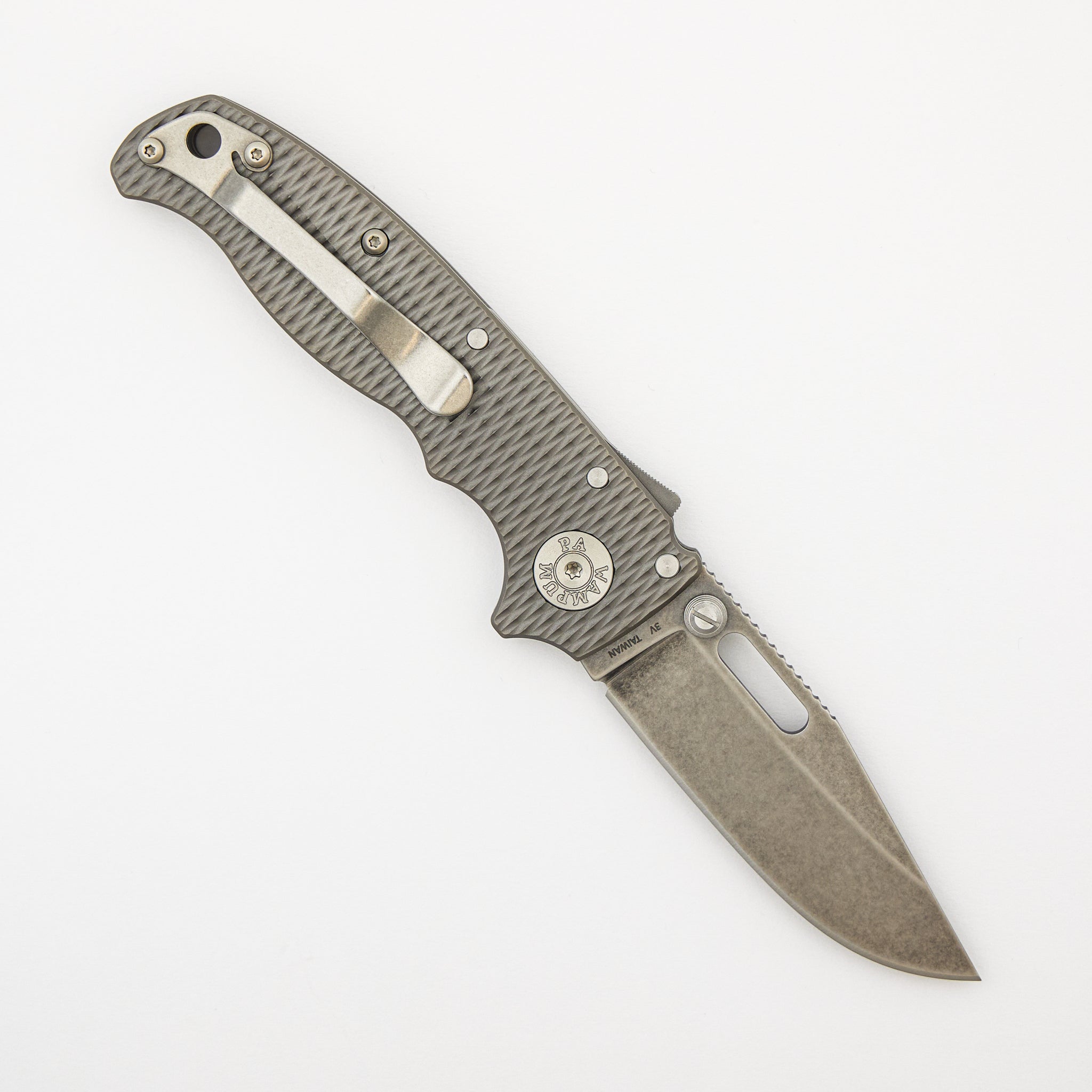 AD20.5 20CV Textured Titanium Handle Clip Point Stonewash Blade