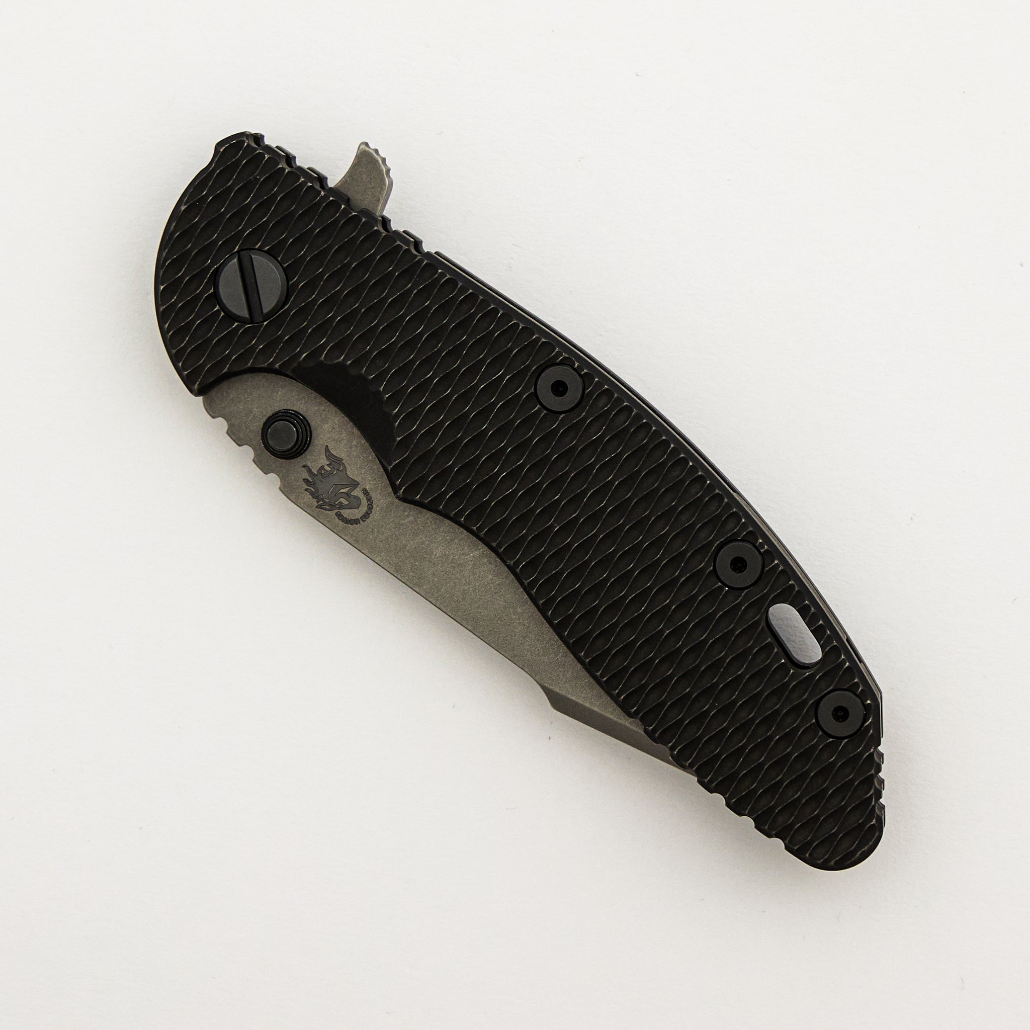 XM-18 3.5" - MagnaCut Harpoon Spanto - Tri-Way - Battle Black - Working Finish - Textured Lockside - Lasered Horsehead - Ti Scale - Black Hardware - Ti Backspacer - 2025 Filler Tab