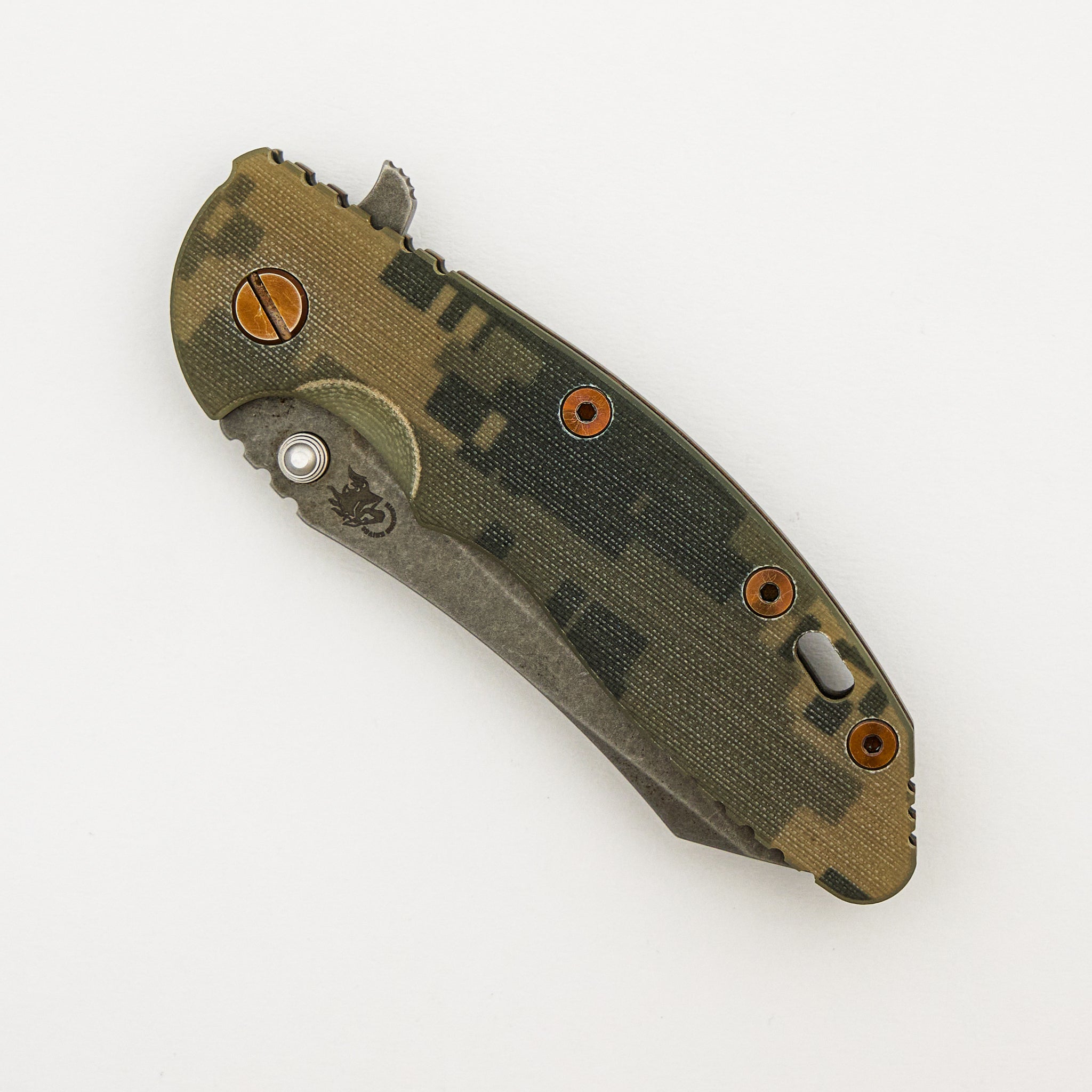Steel Flame Collaboration XM-18 3.5" - Skinner S35VN - Teflon Washers - Old School Crusades & Lion - Digi Camo G10