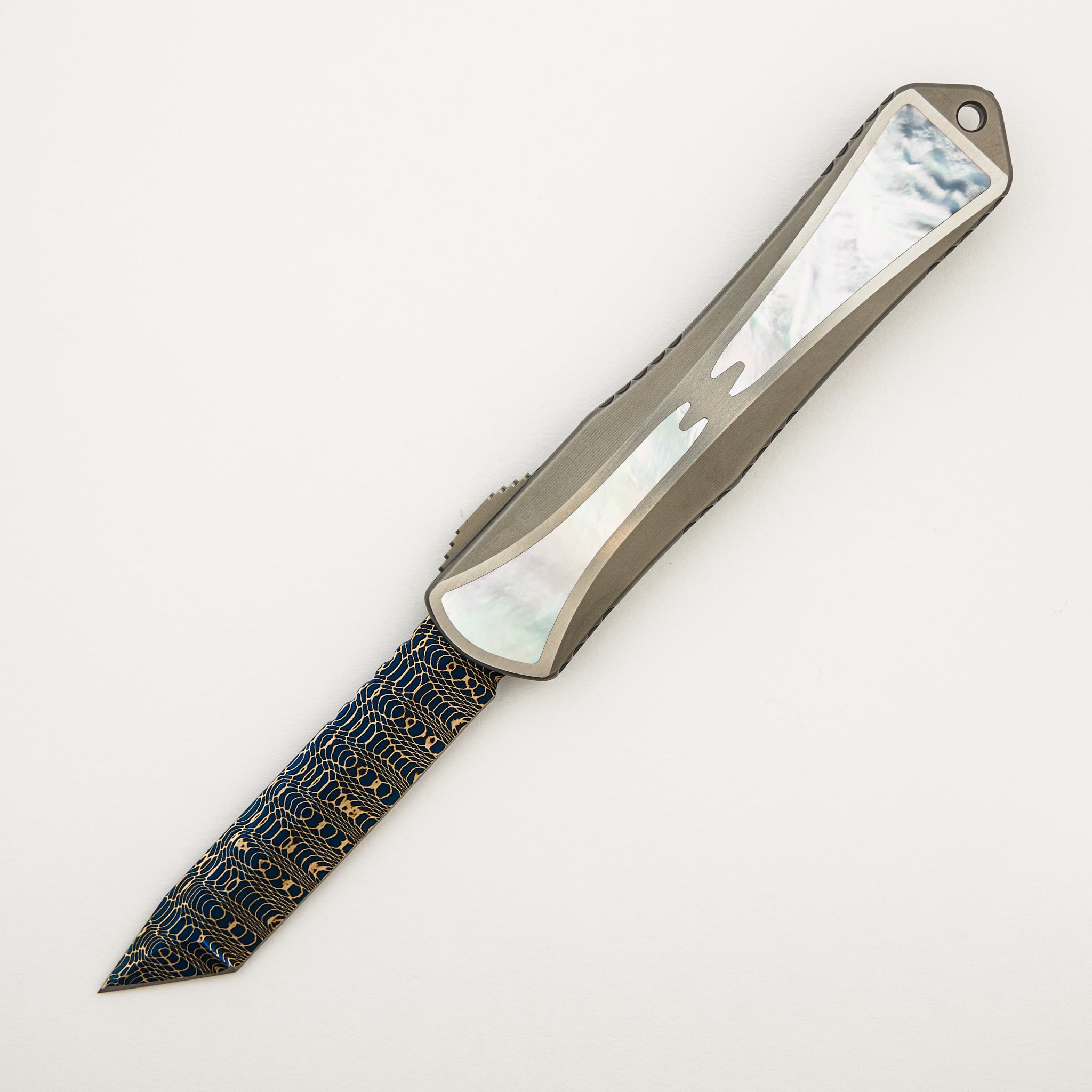 Manticore X - Blued T/E VF Spirograph - Stainless Steel Chassis W/ MOP Inlays - MOP Inlaid Button S/N 003