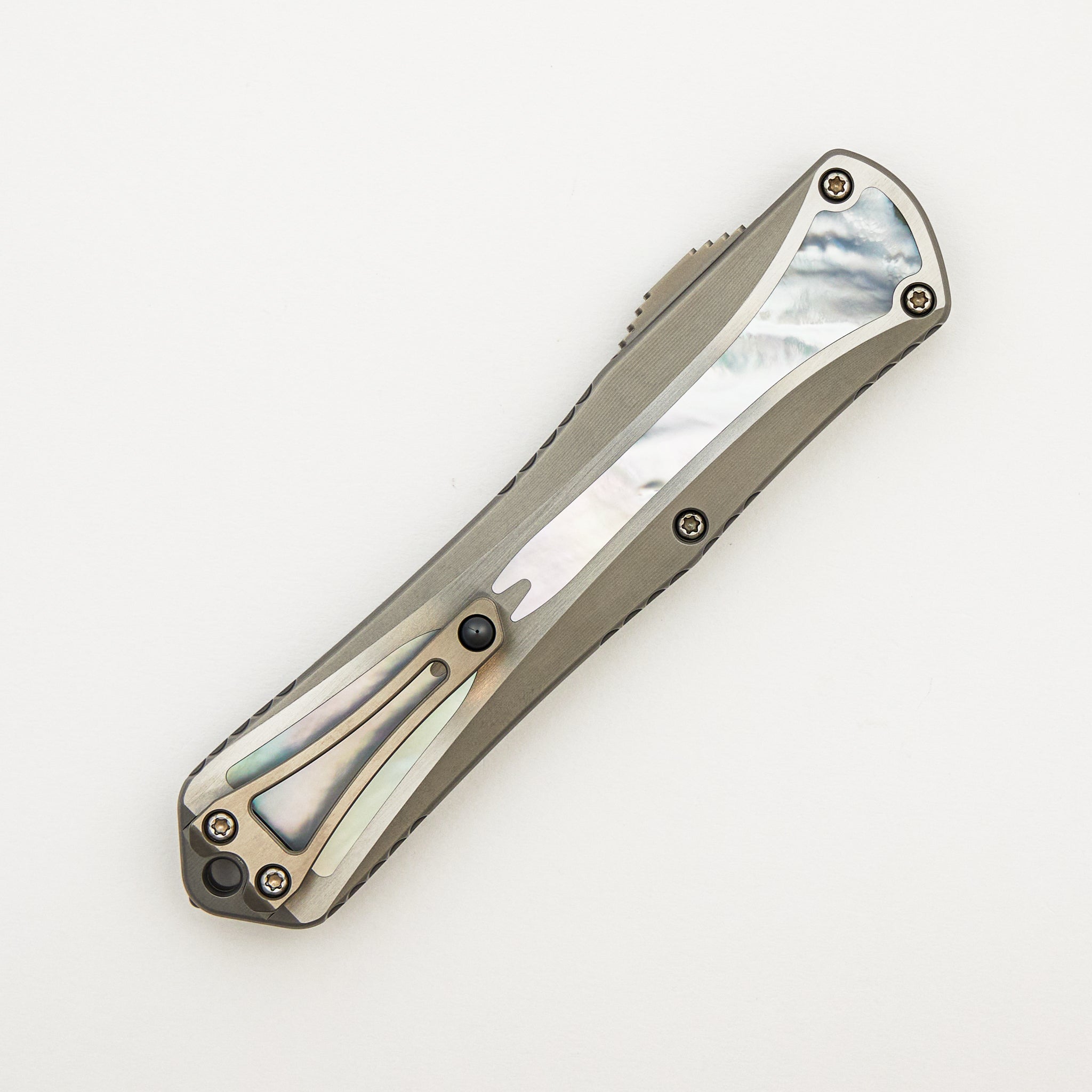 Manticore X - Blued T/E VF Spirograph - Stainless Steel Chassis W/ MOP Inlays - MOP Inlaid Button S/N 003